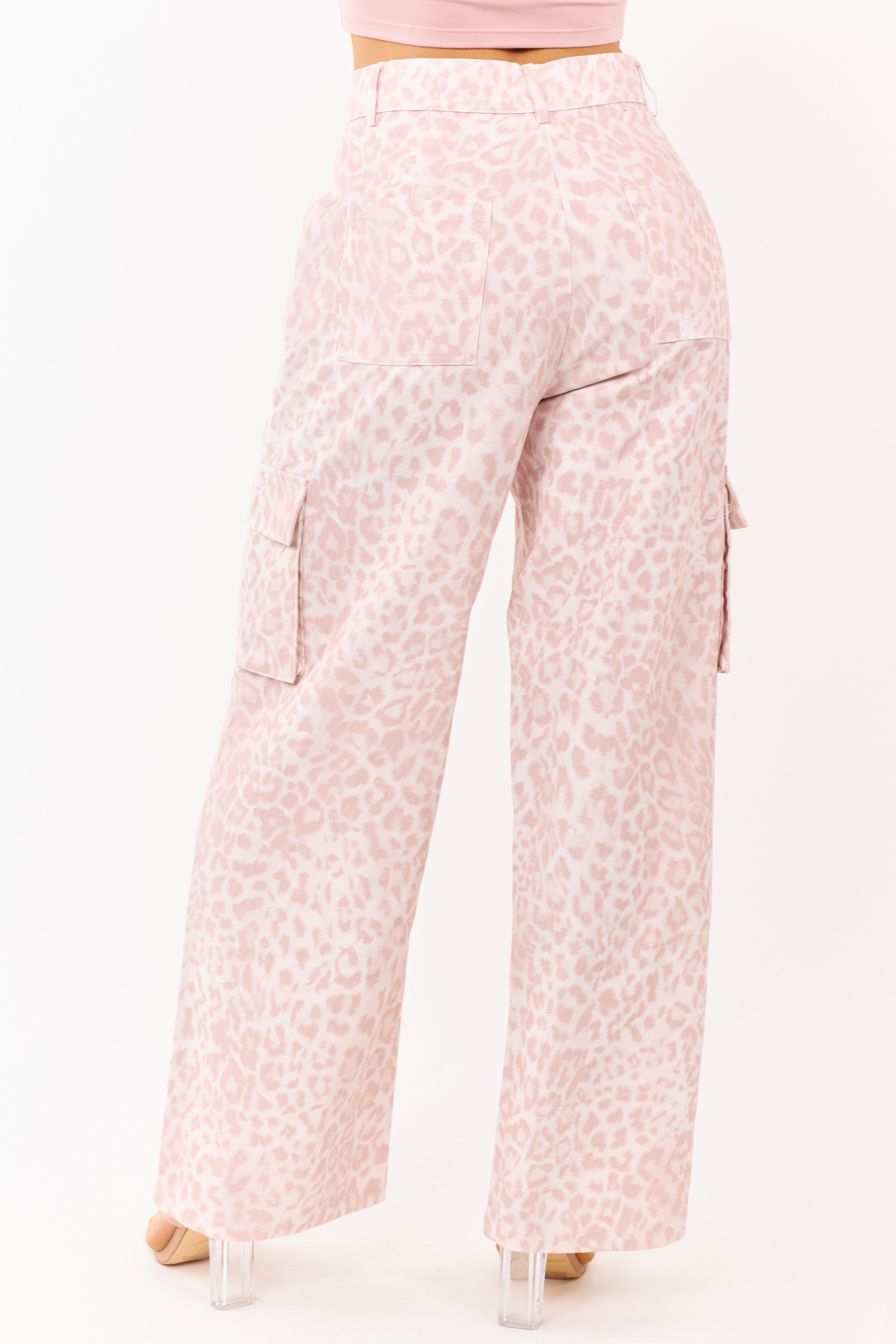 Blush Leopard Print Wide Leg Twill Cargo Pants