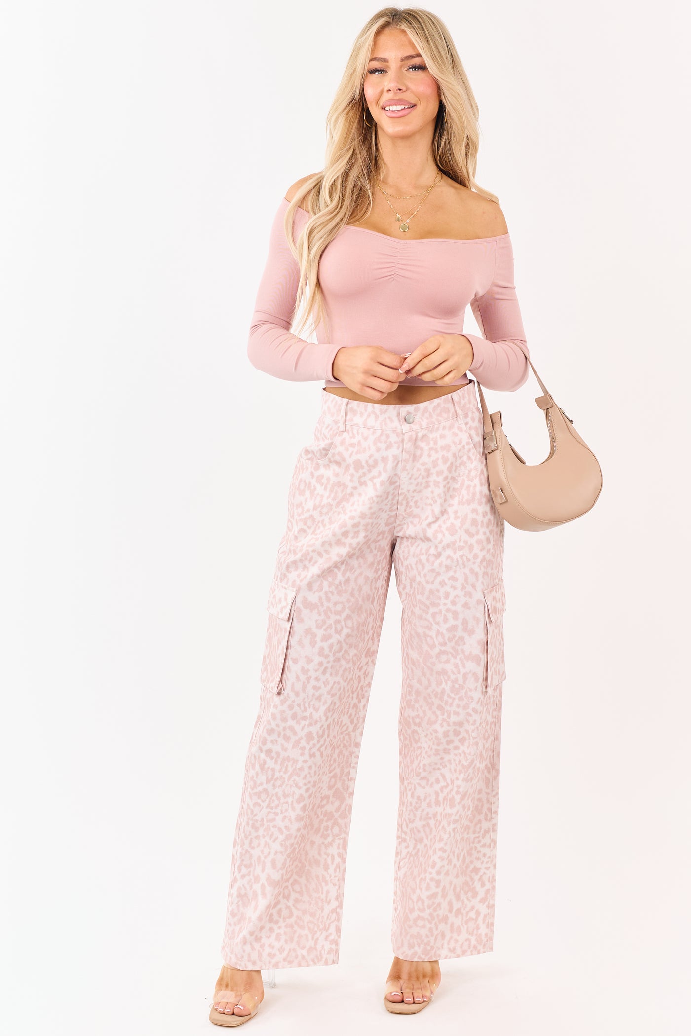 Blush Leopard Print Wide Leg Twill Cargo Pants