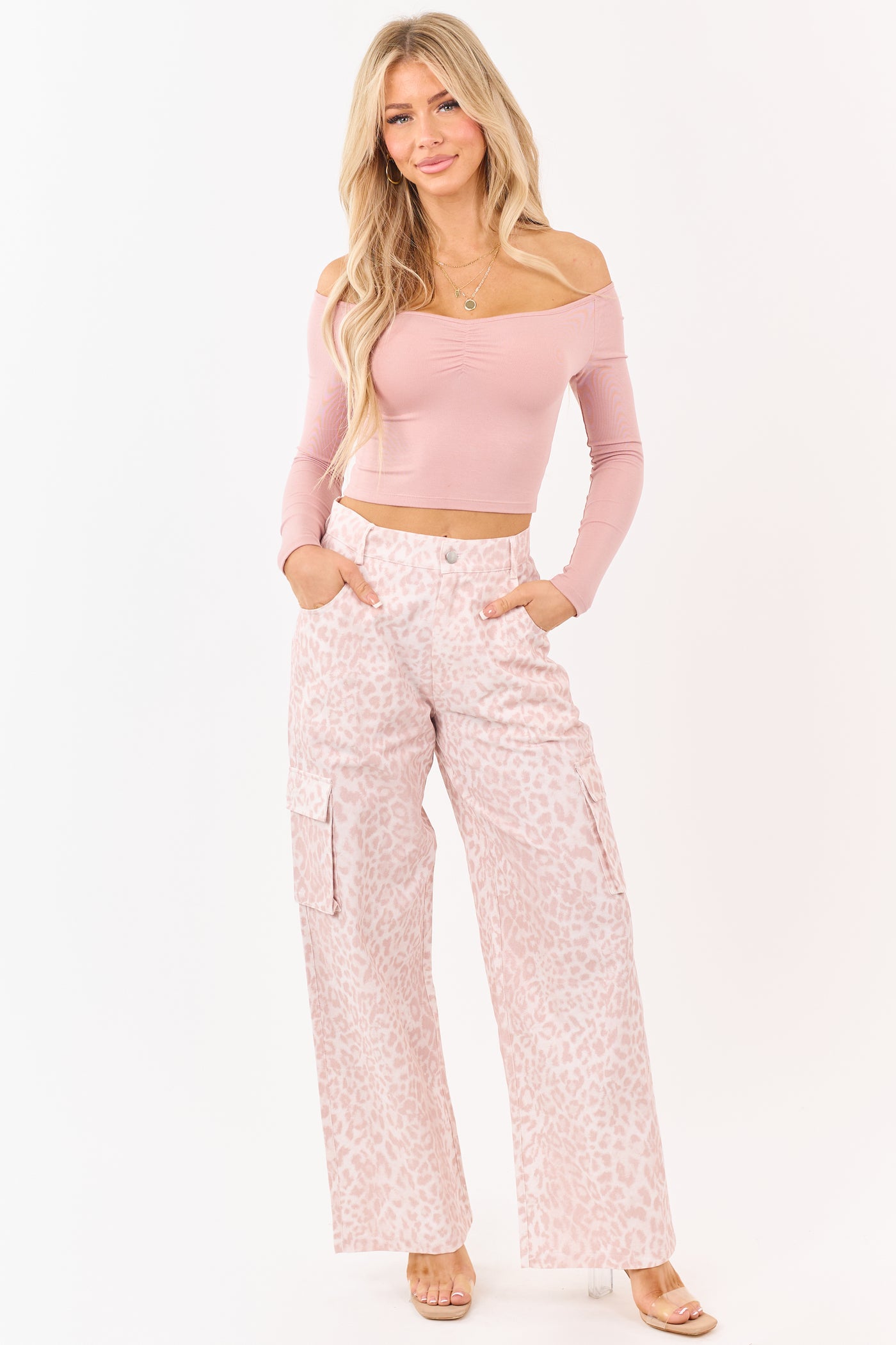 Blush Leopard Print Wide Leg Twill Cargo Pants