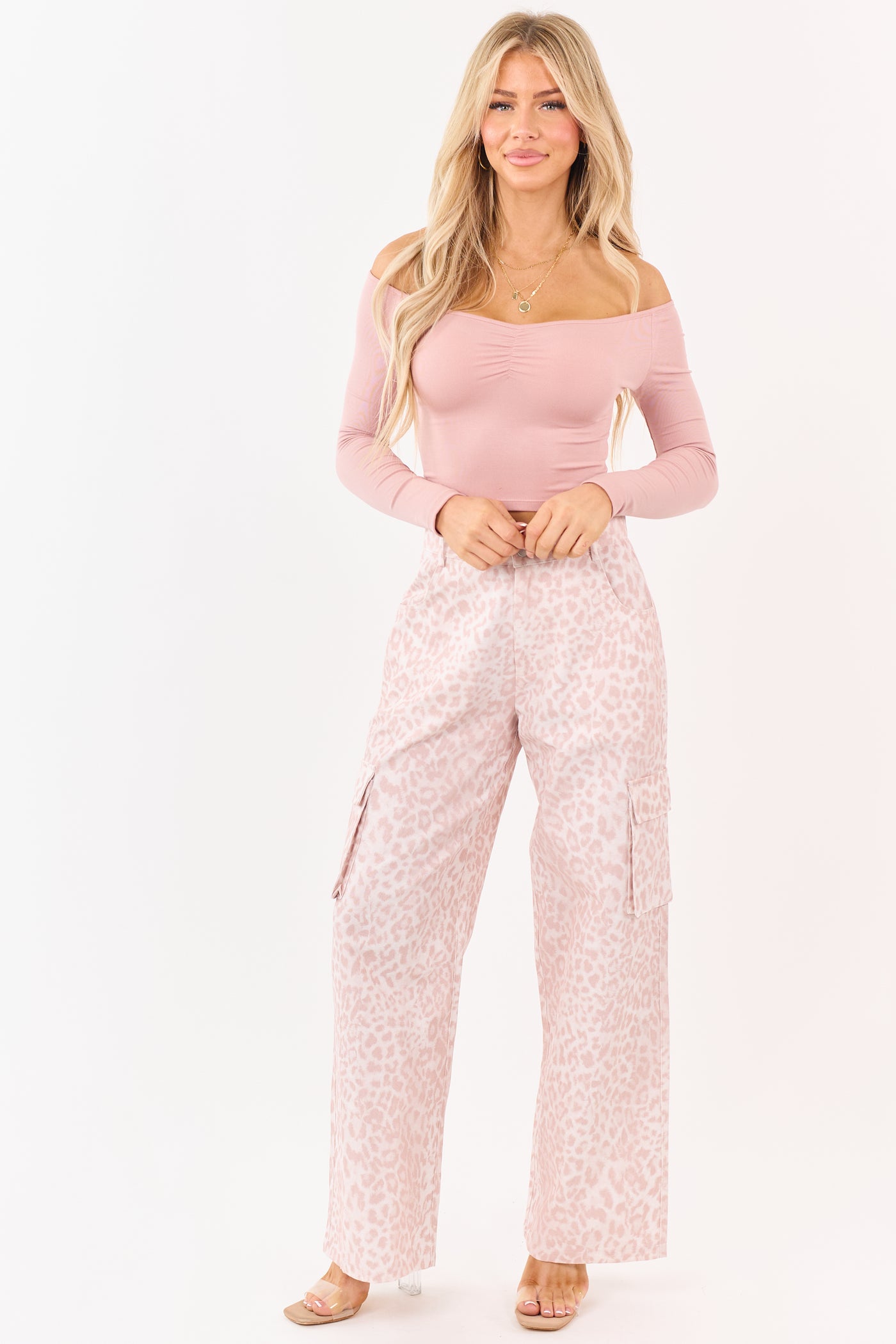 Blush Leopard Print Wide Leg Twill Cargo Pants