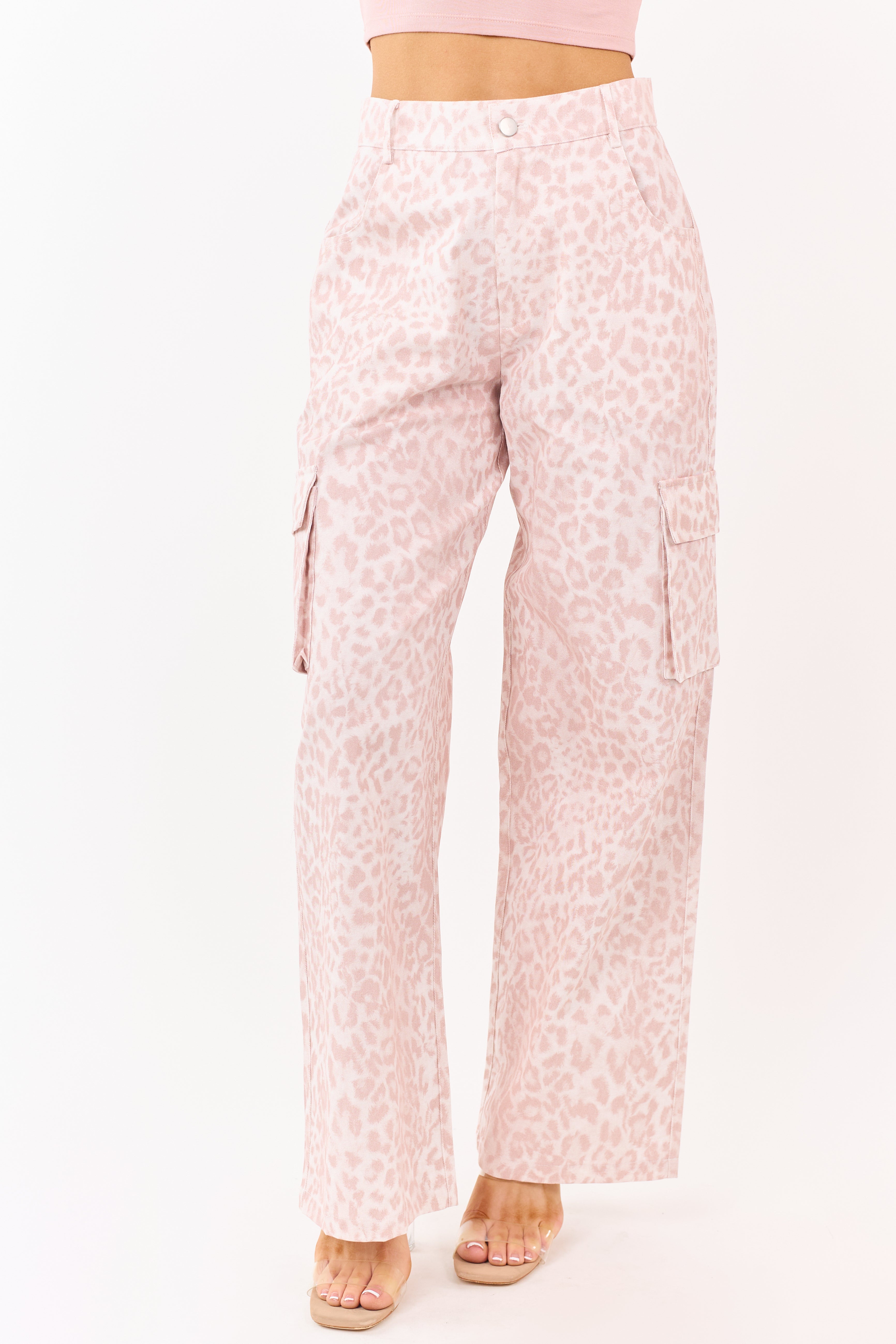 Blush Leopard Print Wide Leg Twill Cargo Pants