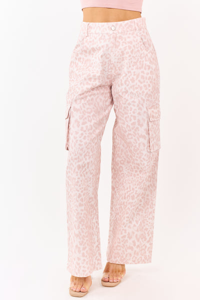 Blush Leopard Print Wide Leg Twill Cargo Pants