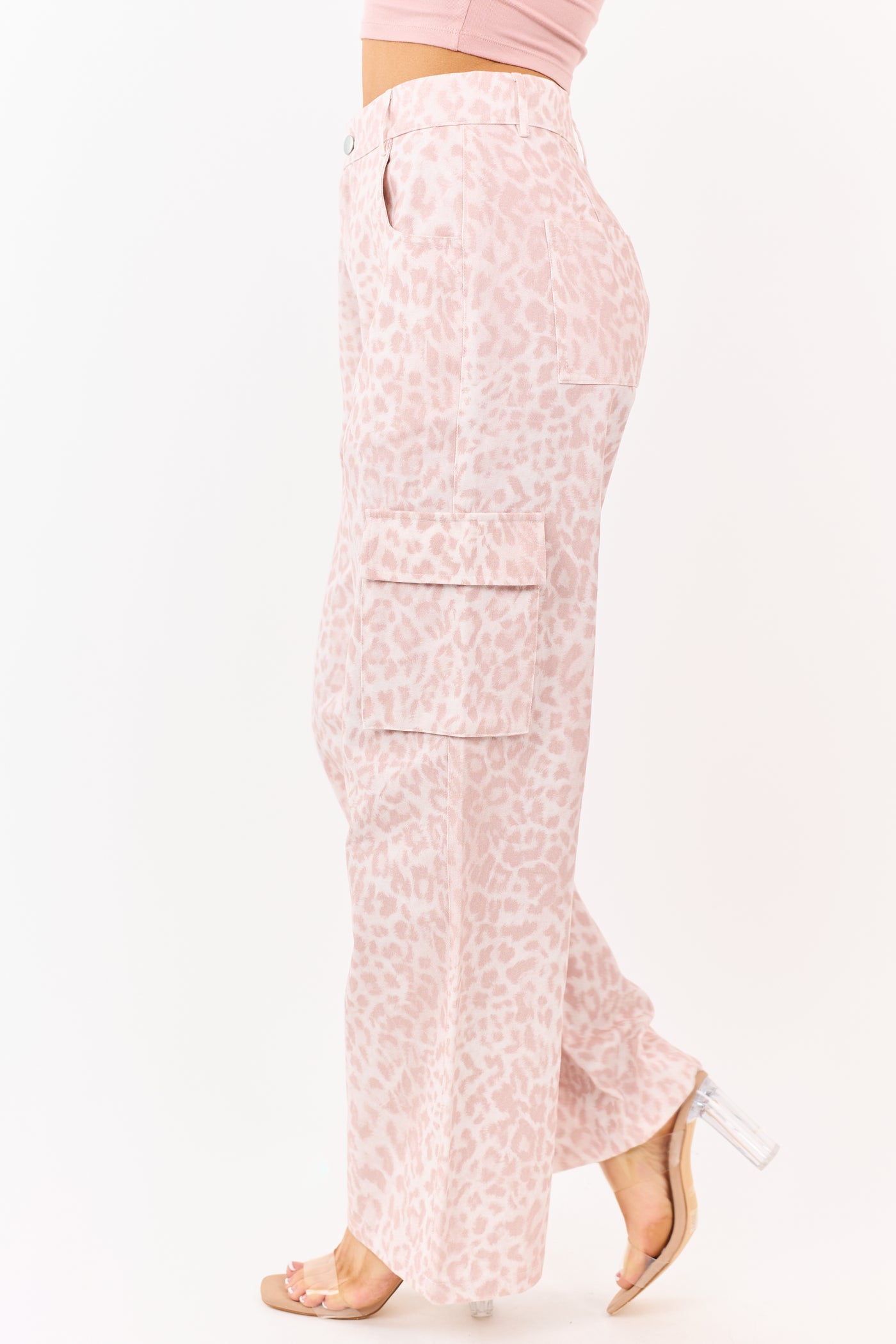 Blush Leopard Print Wide Leg Twill Cargo Pants