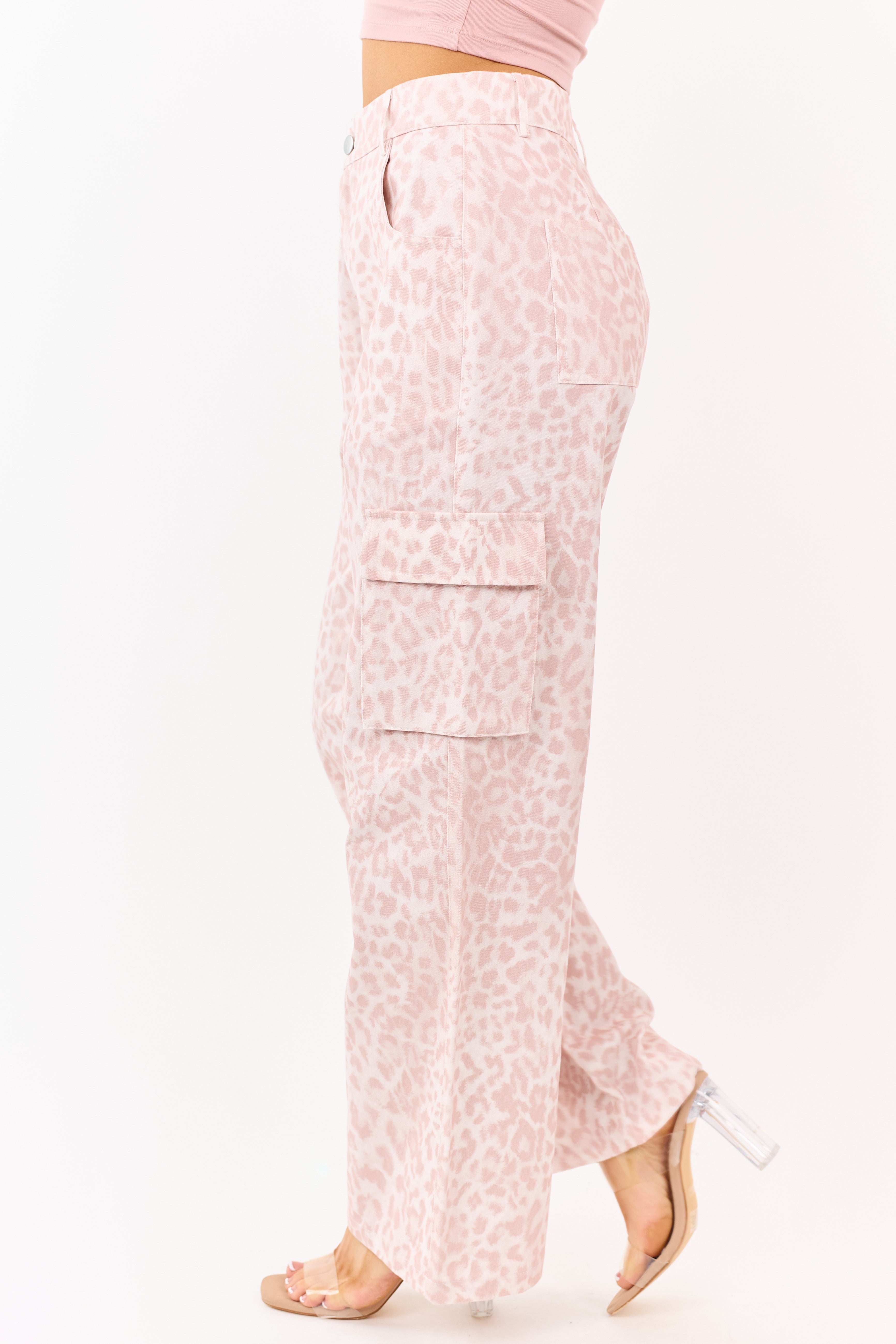 Blush Leopard Print Wide Leg Twill Cargo Pants