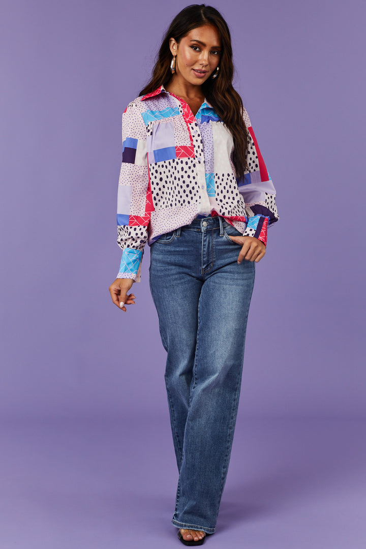 Blush Multiprint Button Down Collared Top