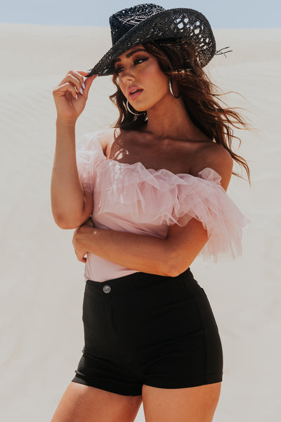 Blush Off the Shoulder Ruffle Mesh Bodysuit