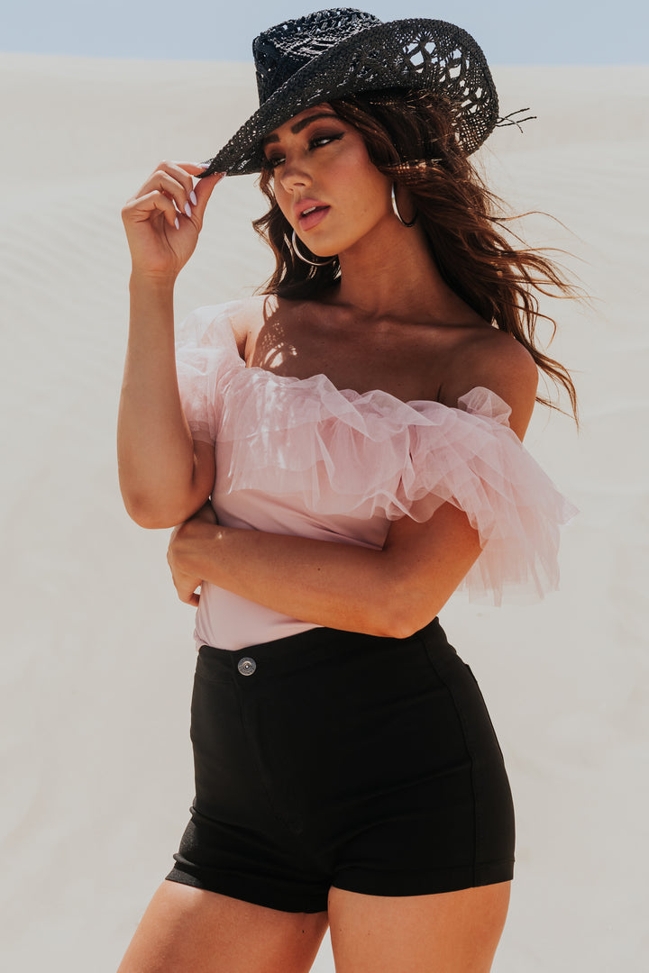 Blush Off the Shoulder Ruffle Mesh Bodysuit
