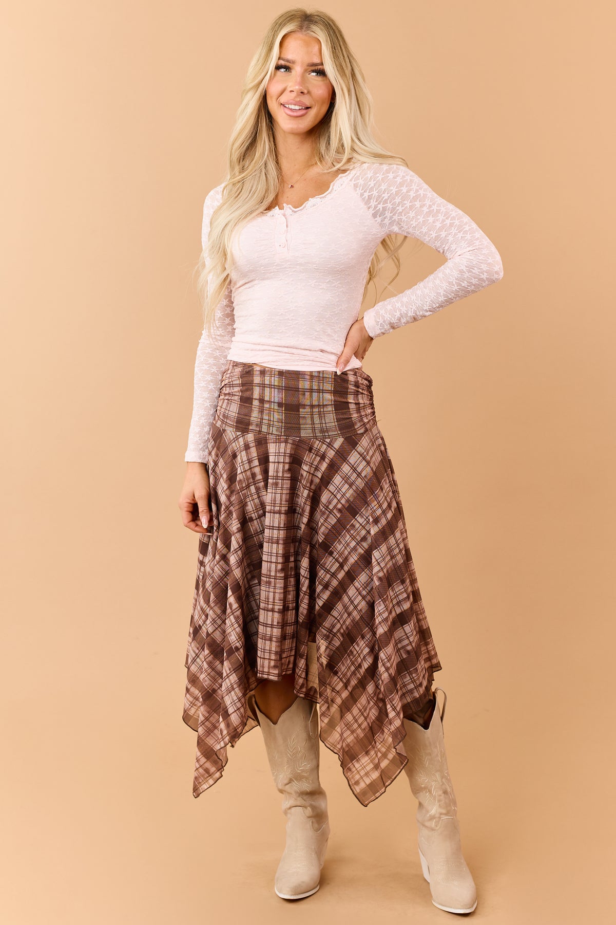 Blush Pink Floral Lace Henley Long Sleeve Top
