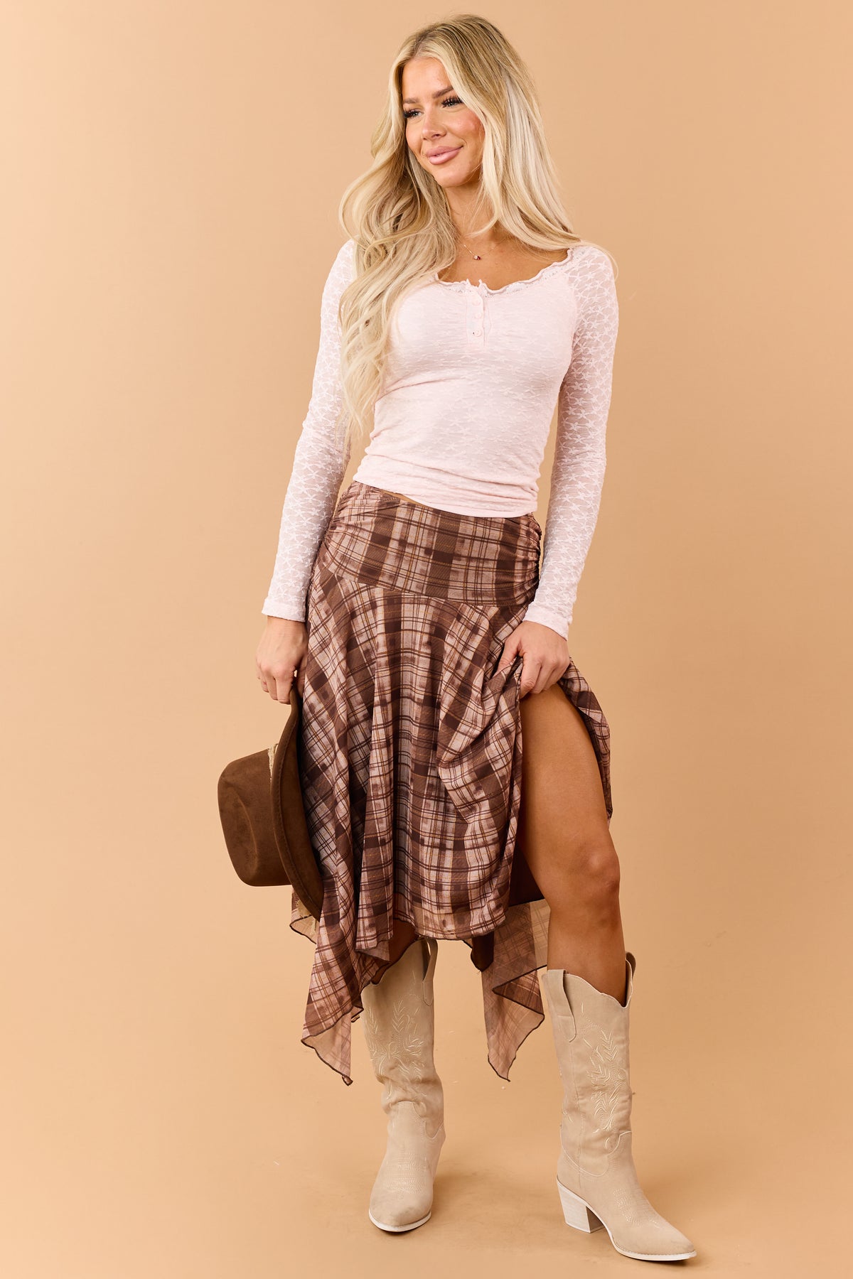 Blush Pink Floral Lace Henley Long Sleeve Top