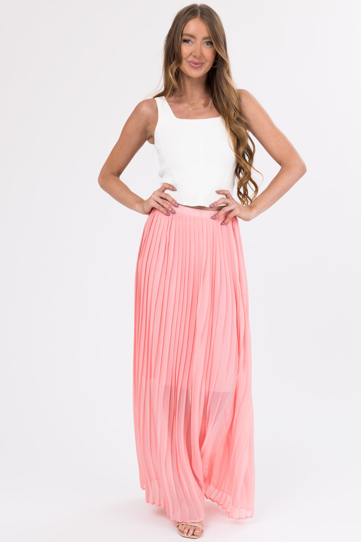 Blush Pleated Chiffon Elastic Waist Maxi Skirt Lime Lush Boutique