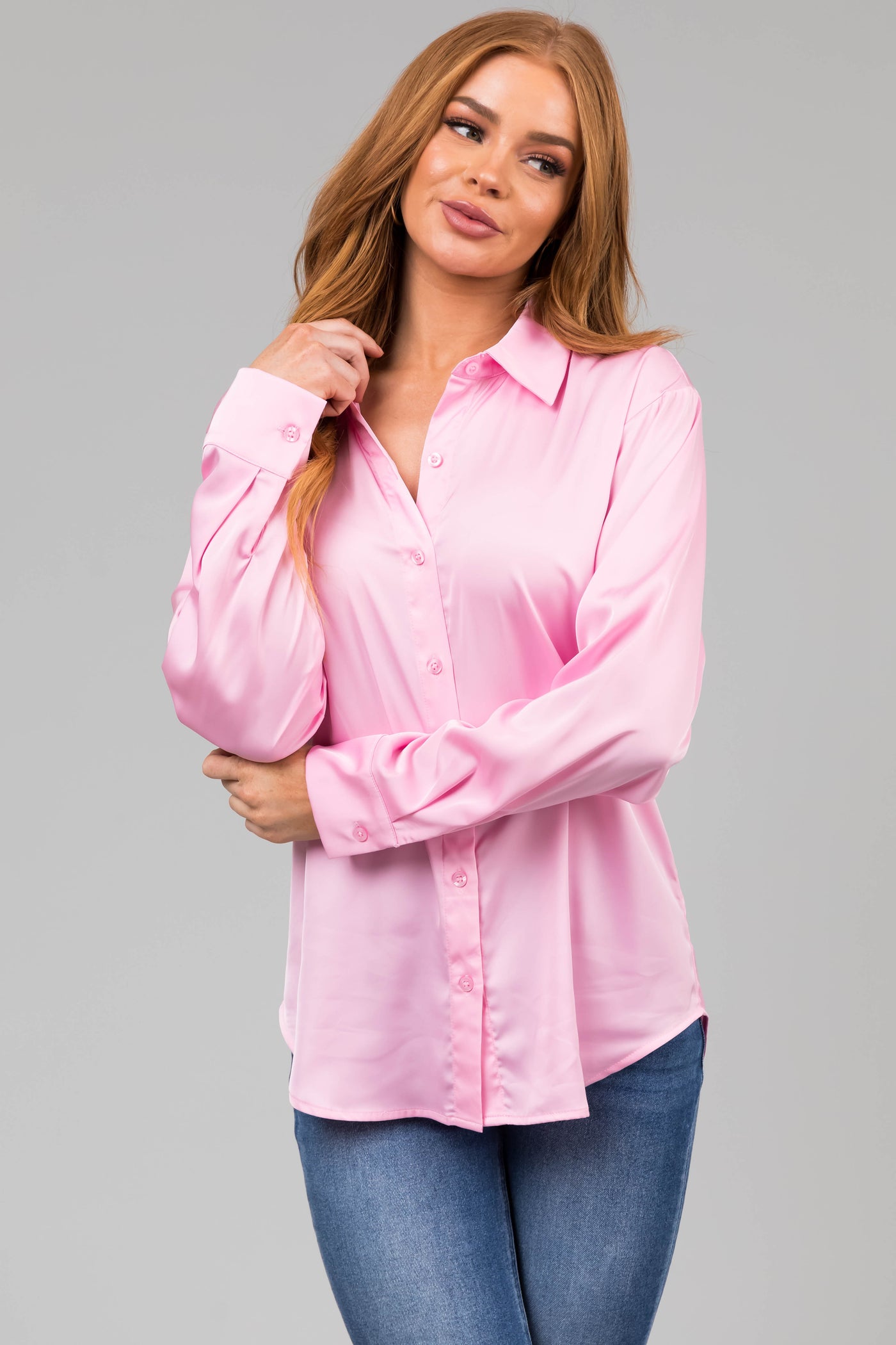 Blush Satin Button Front Collared Shirt