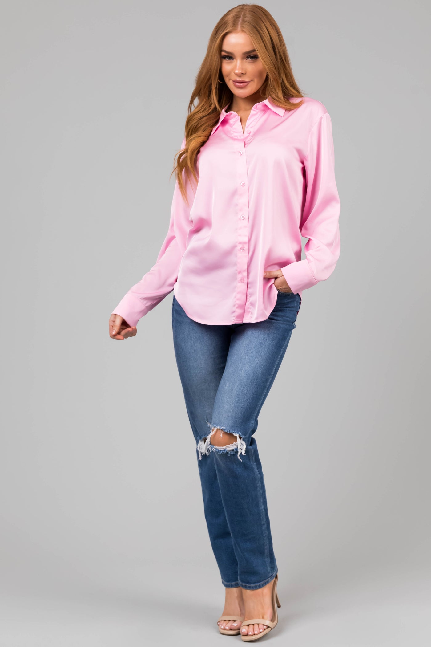 Blush Satin Button Front Collared Shirt