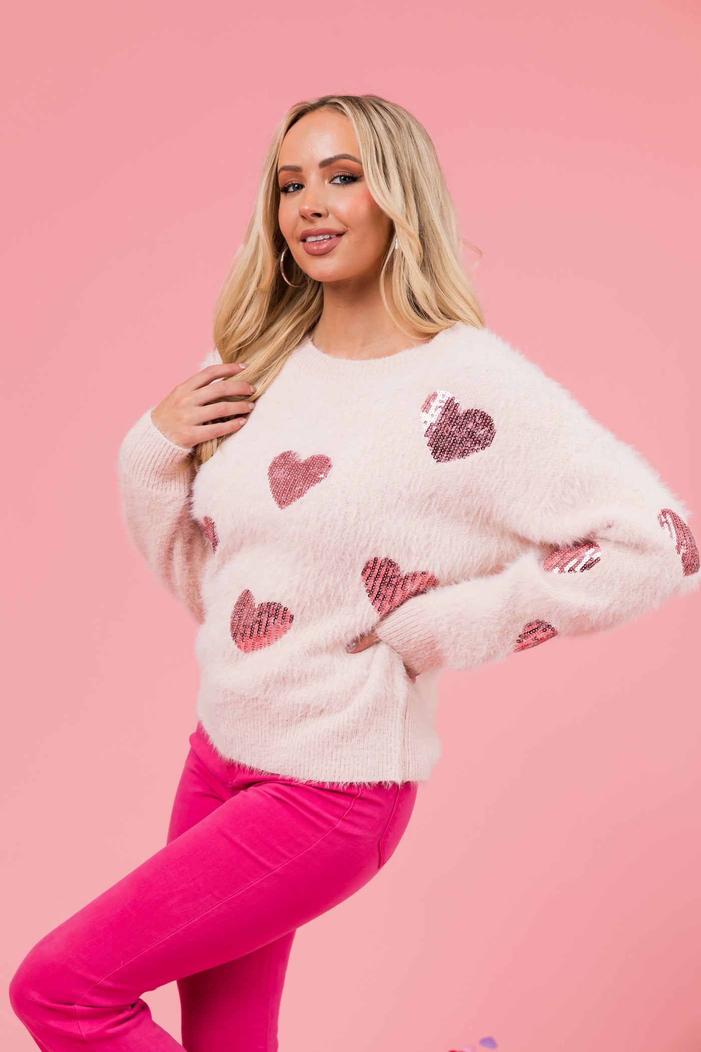 Blush Sequin Heart Fuzzy Sweater Lime Lush