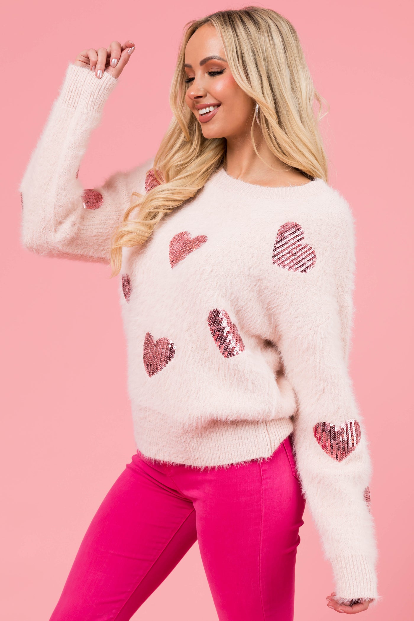 Blush Sequin Heart Fuzzy Sweater