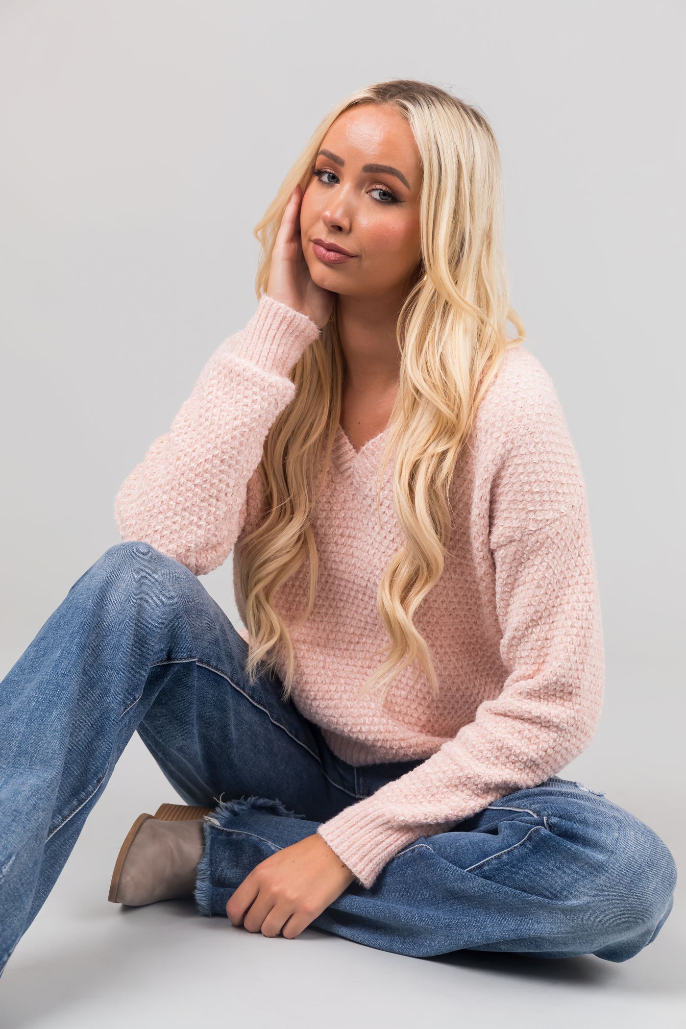 Blush Soft Chenille V Neck Sweater