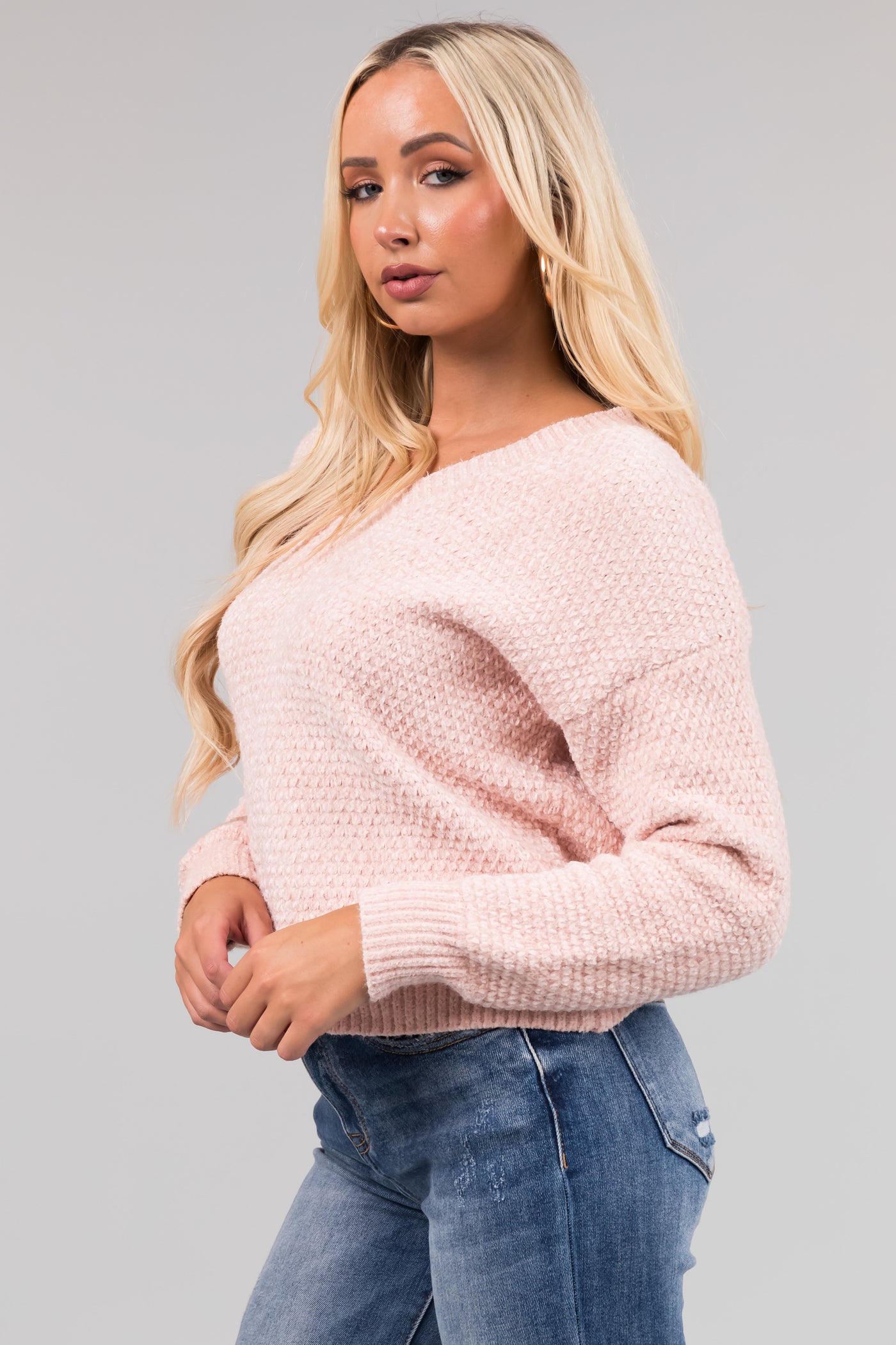 Blush Soft Chenille V Neck Sweater