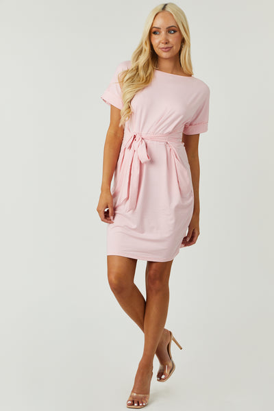 Blush Soft Knit Waist Tie Short Dress with Pockets