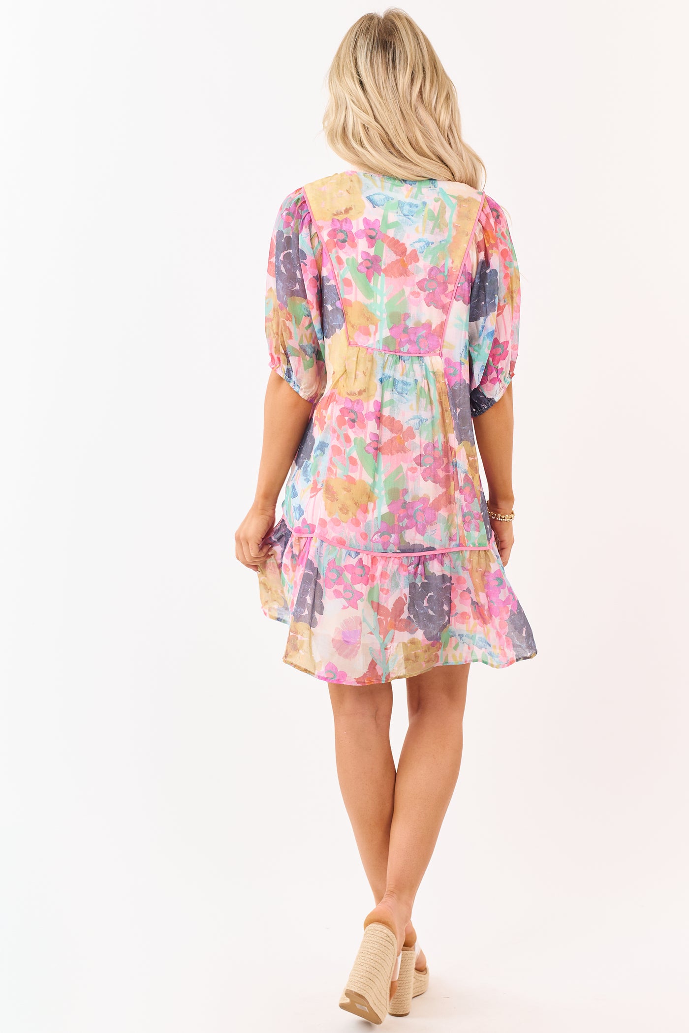 Blush Watercolor Floral Smocked Yoke Mini Dress