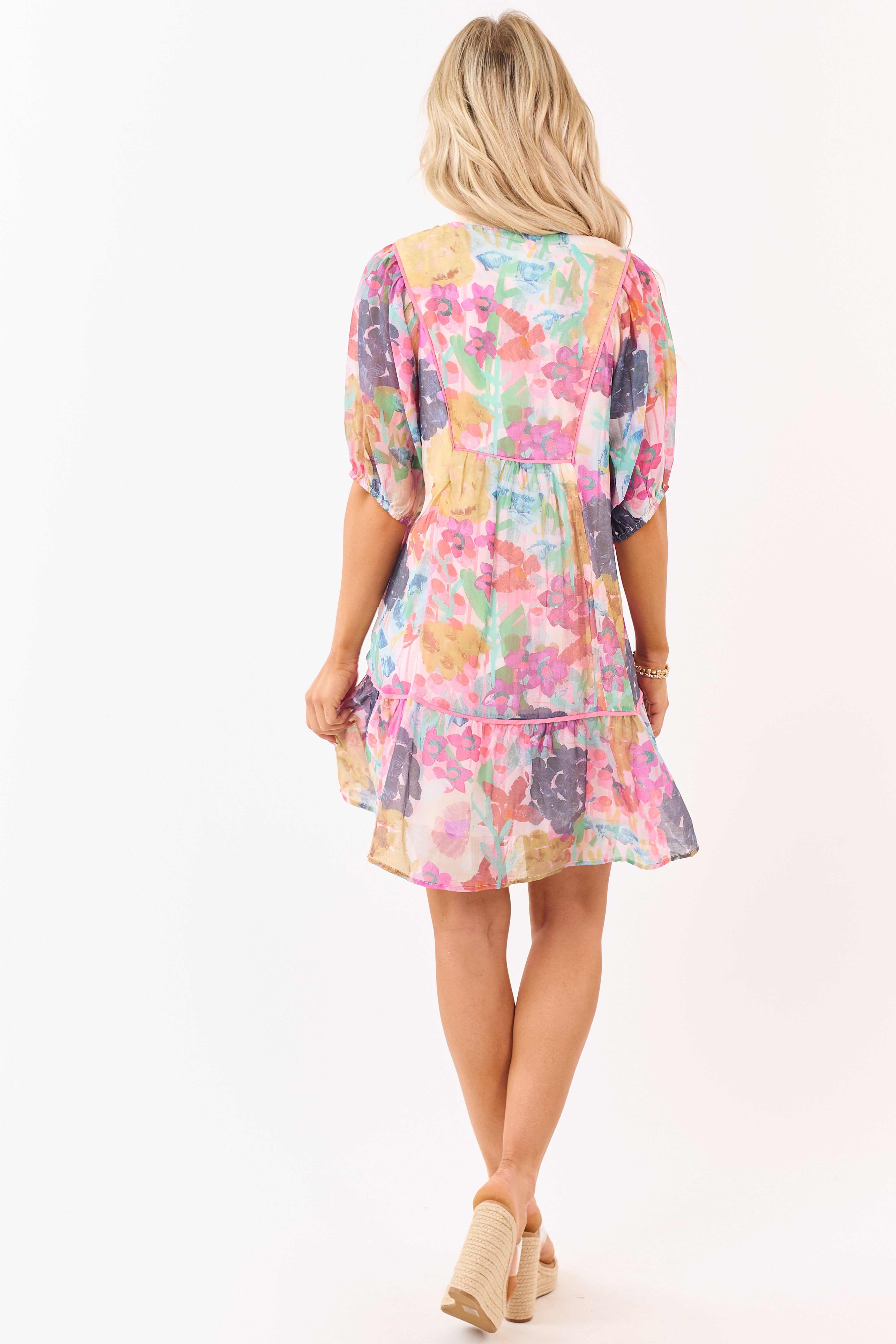 Blush Watercolor Floral Smocked Yoke Mini Dress