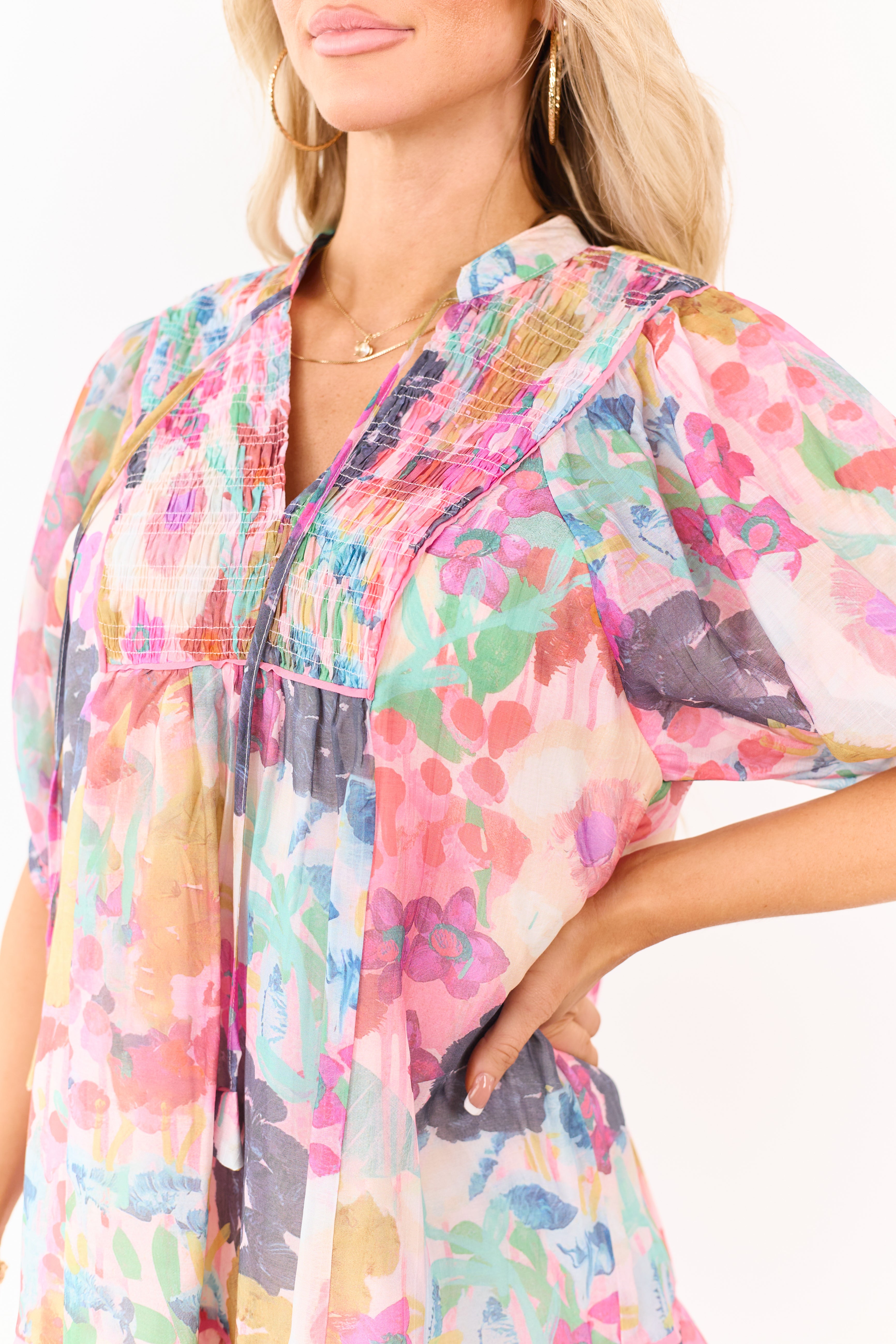 Blush Watercolor Floral Smocked Yoke Mini Dress