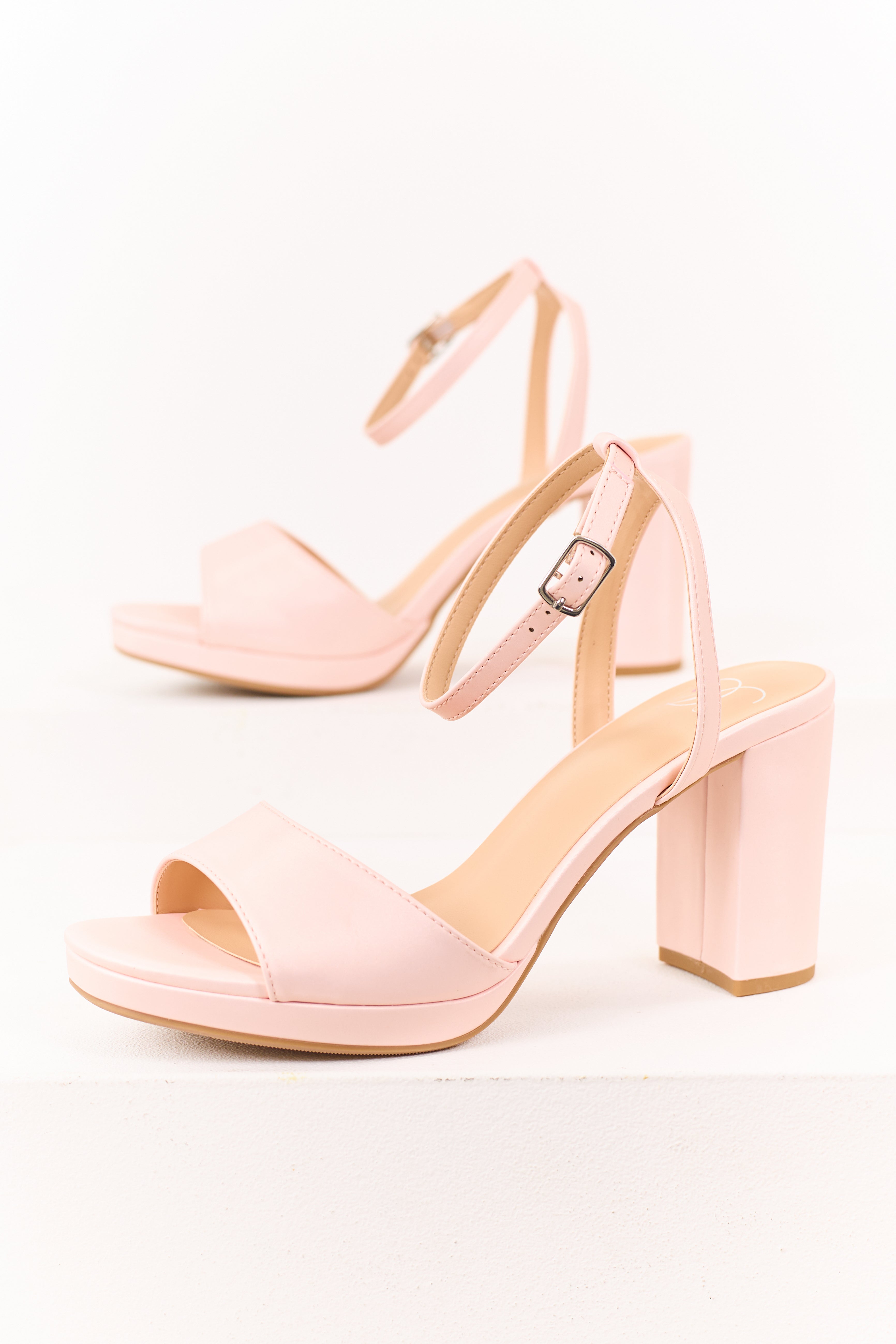 Blush Faux Leather Ankle Strap Block Heels