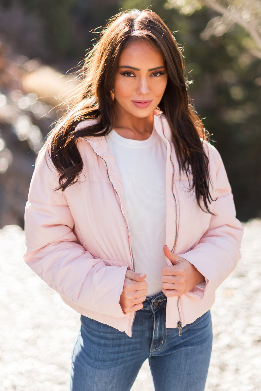 Blush Zip Up Quilted Puffer Jacket with Sheen