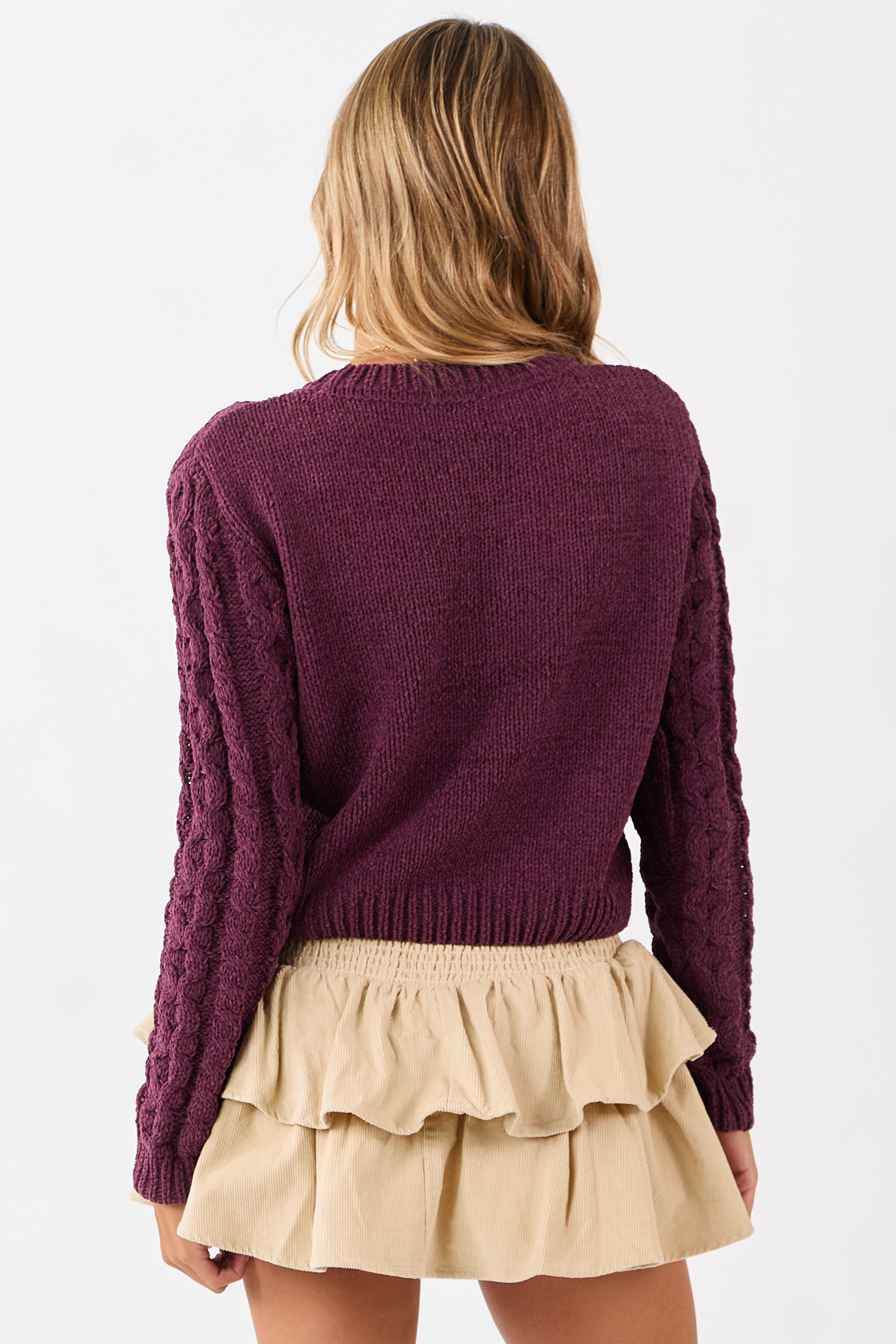 Boysenberry Chenille Cable Knit Sweater