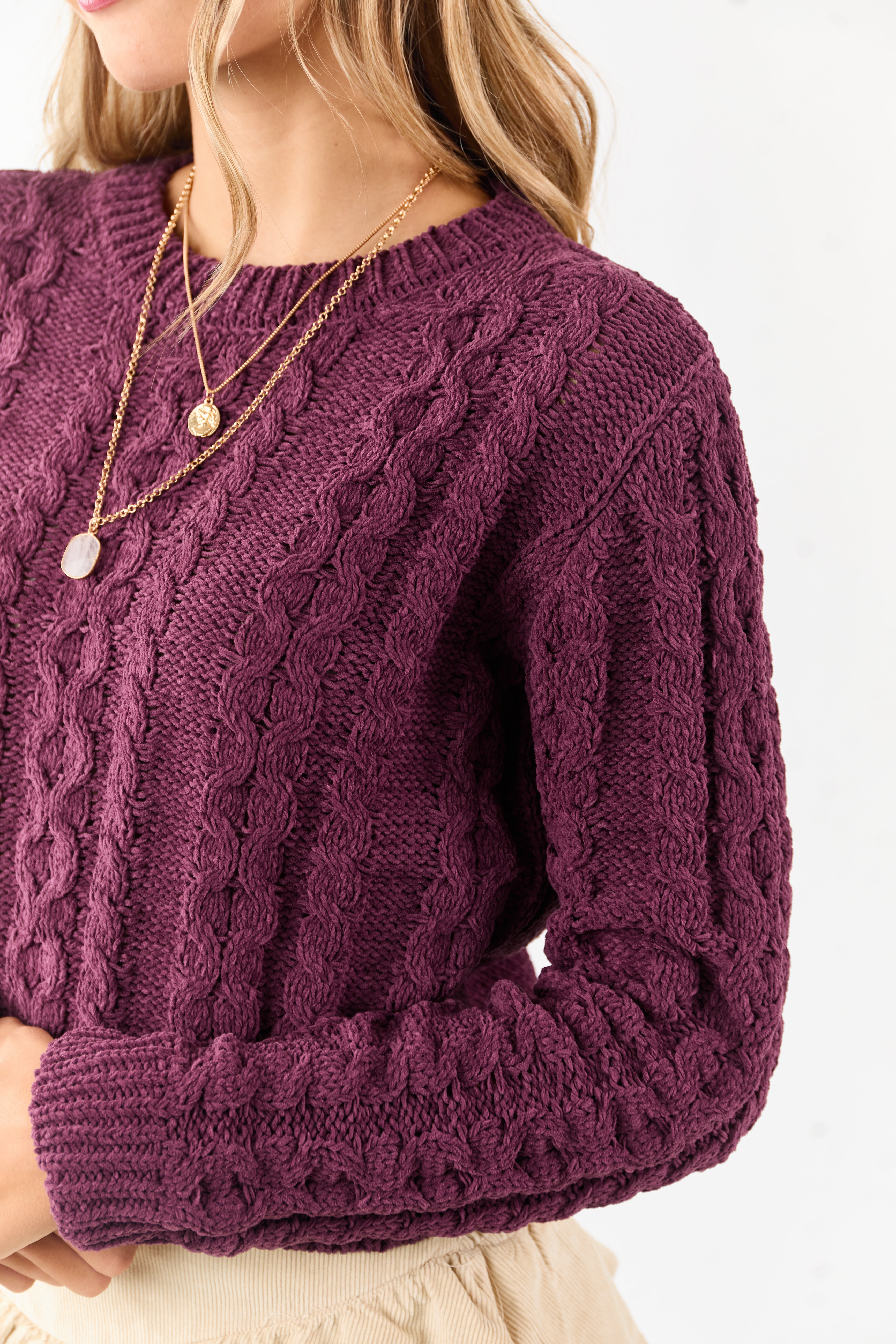 Boysenberry Chenille Cable Knit Sweater