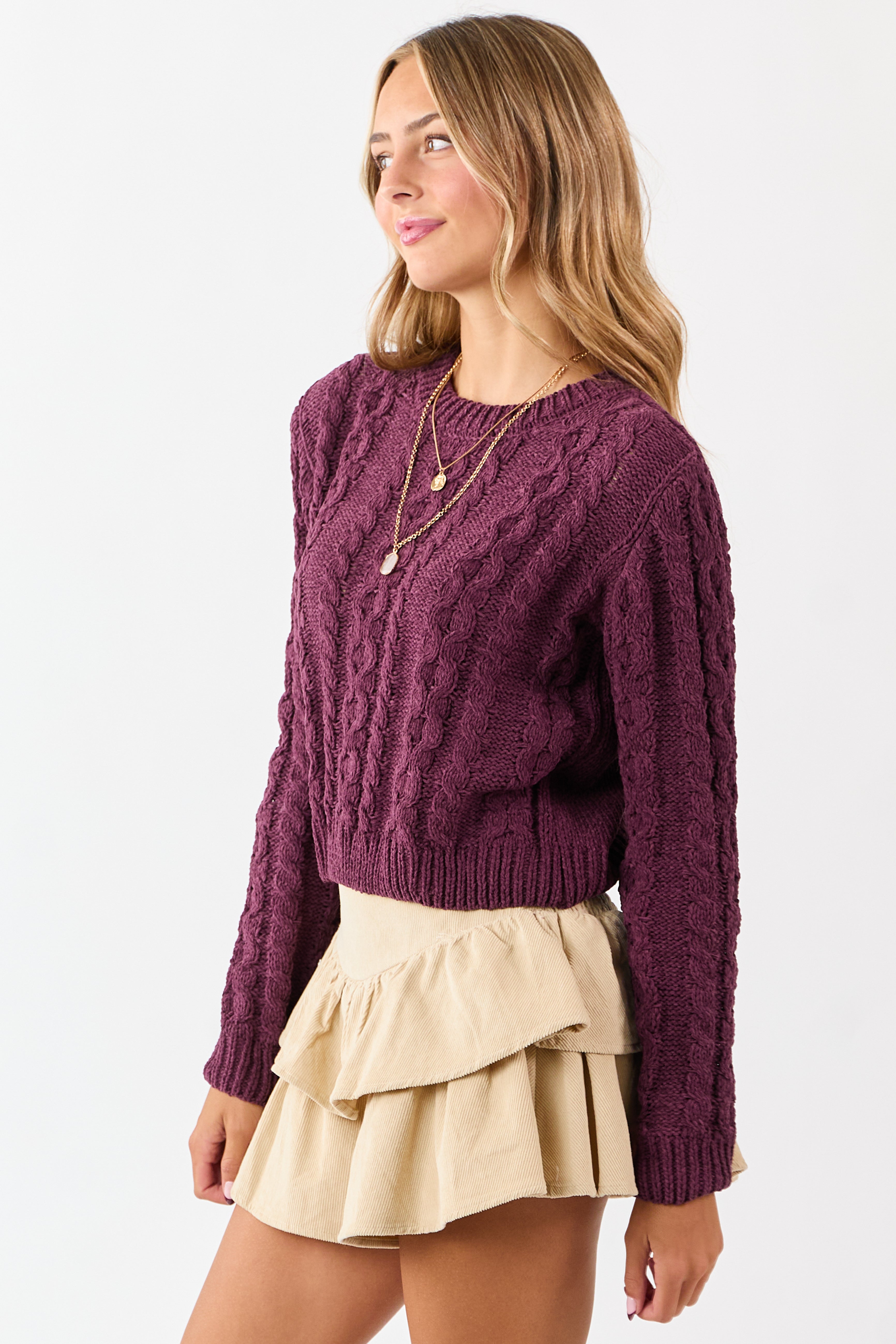 Boysenberry Chenille Cable Knit Sweater