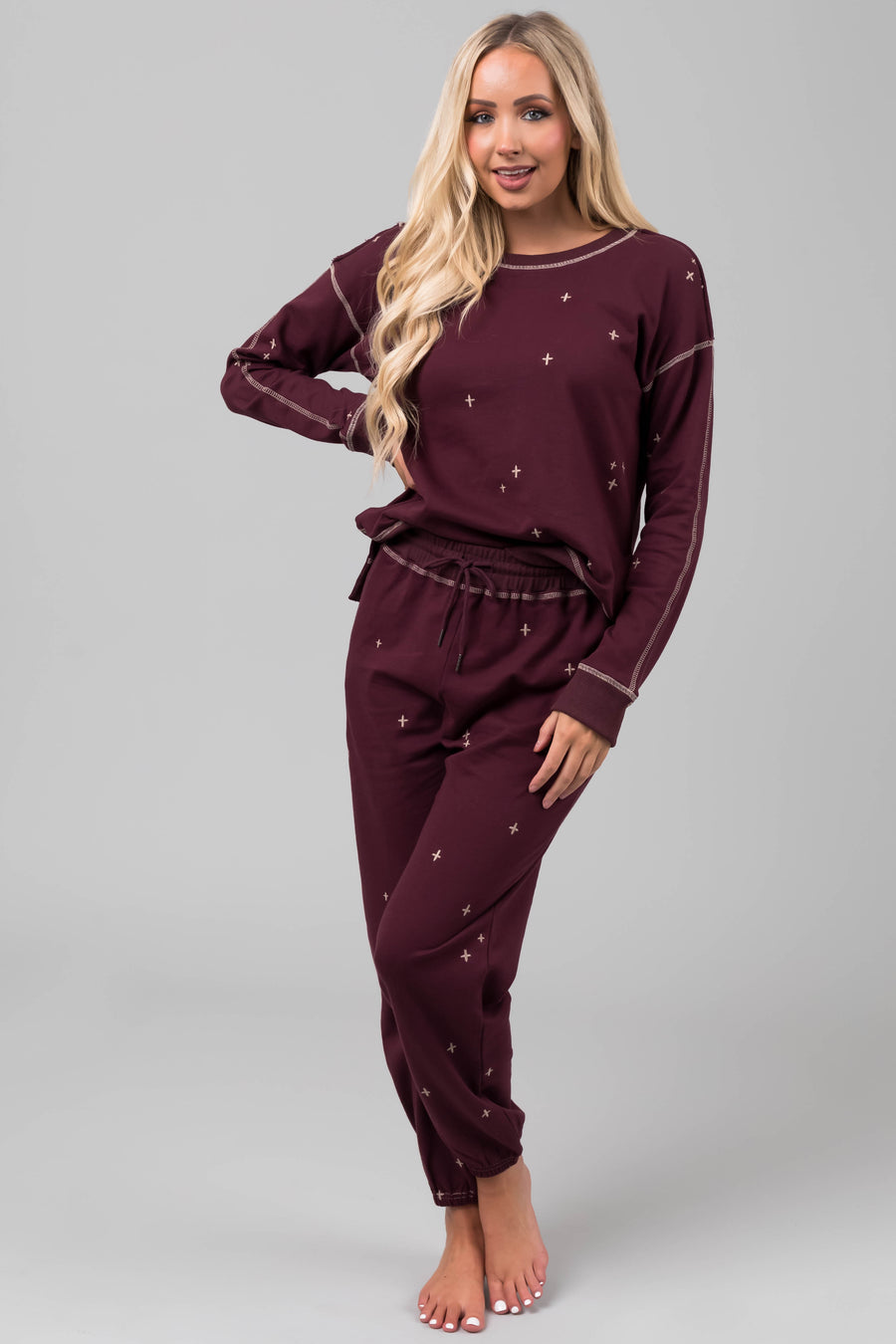 Boysenberry Embroidered Top and Jogger Set