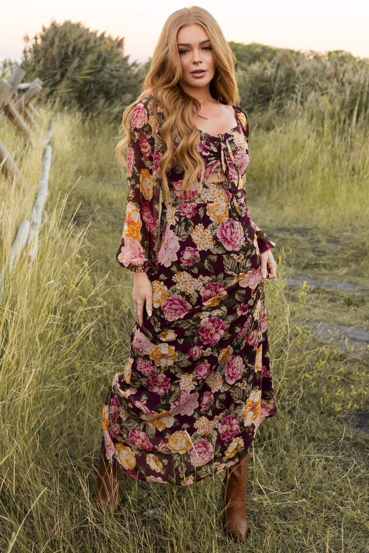 Boysenberry Floral Print Long Sleeve Maxi Dress