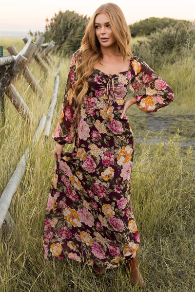 Boysenberry Floral Print Long Sleeve Maxi Dress