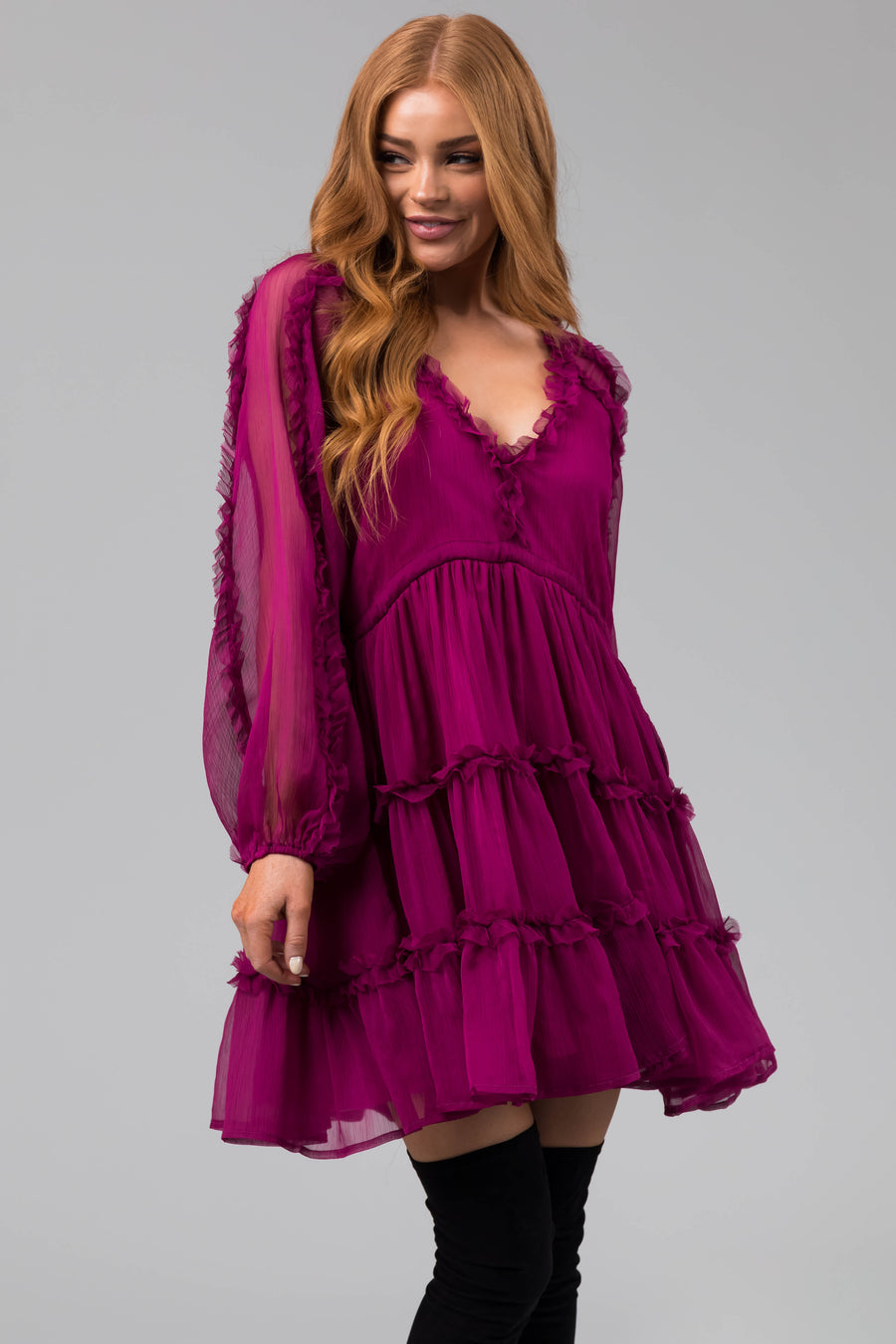 Boysenberry Long Sleeve Ruffle Tiered Dress