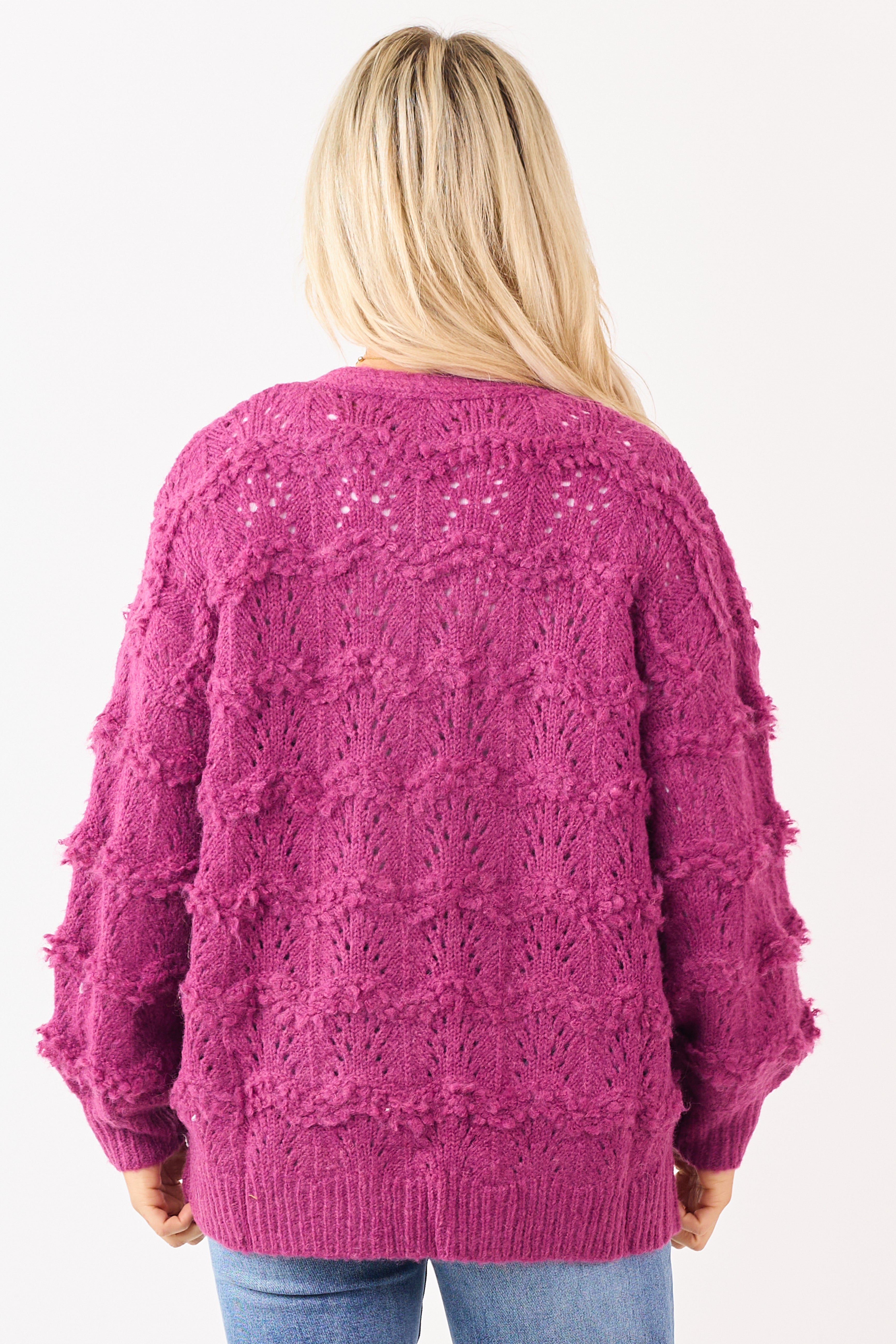 Boysenberry Pointelle Wool Blend Open Front Cardigan
