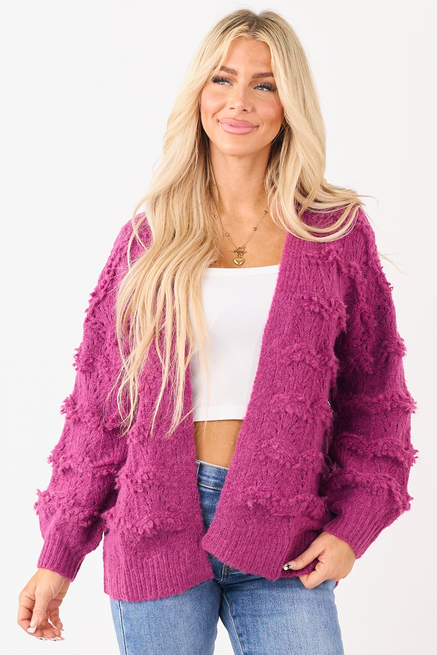 Boysenberry Pointelle Wool Blend Open Front Cardigan