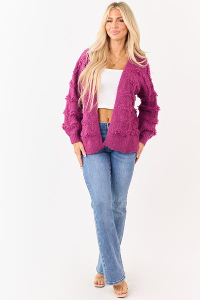 Boysenberry Pointelle Wool Blend Open Front Cardigan