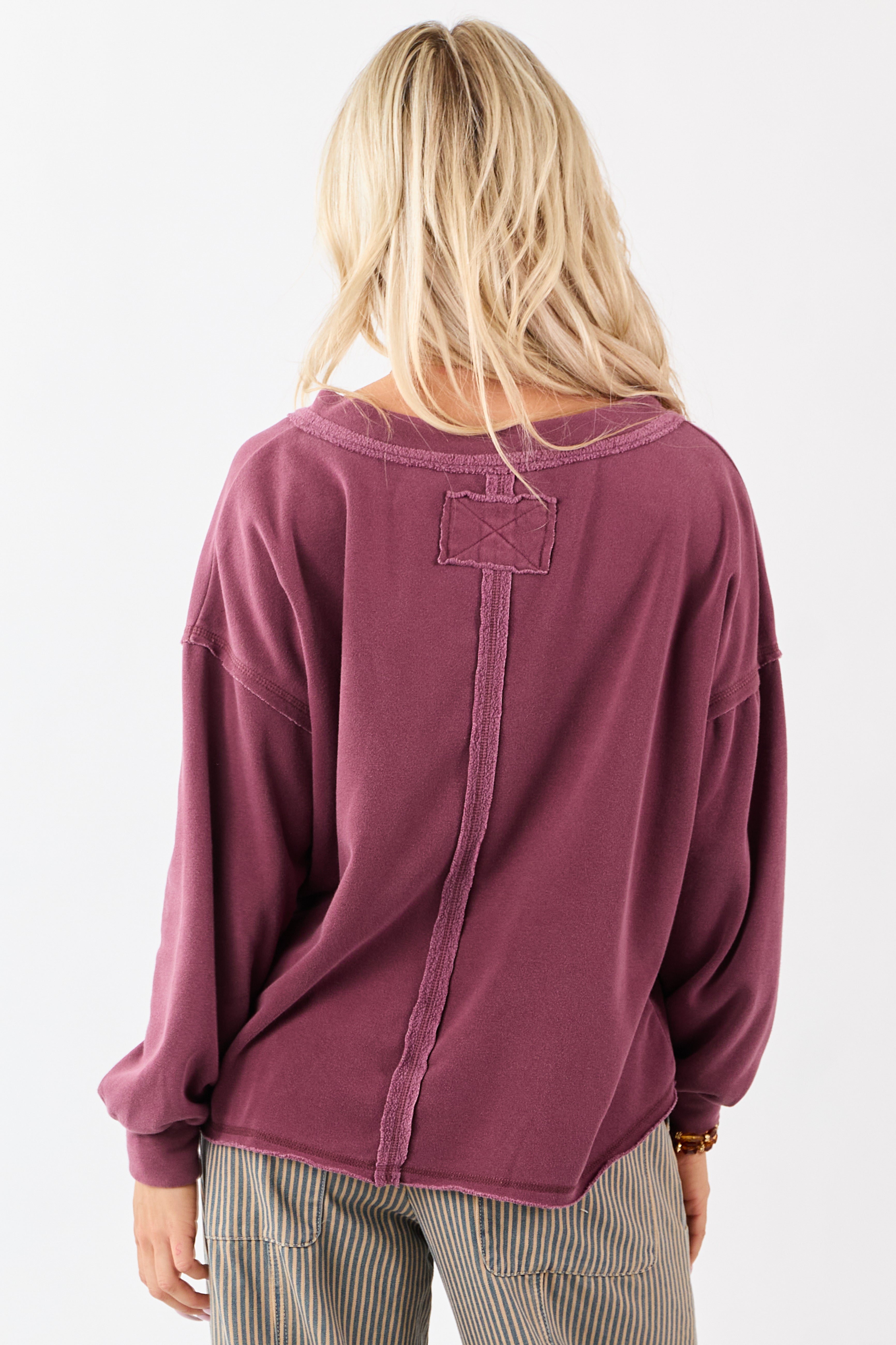 Boysenberry V-Neck Reverse Stitch Relaxed Sweatshirt