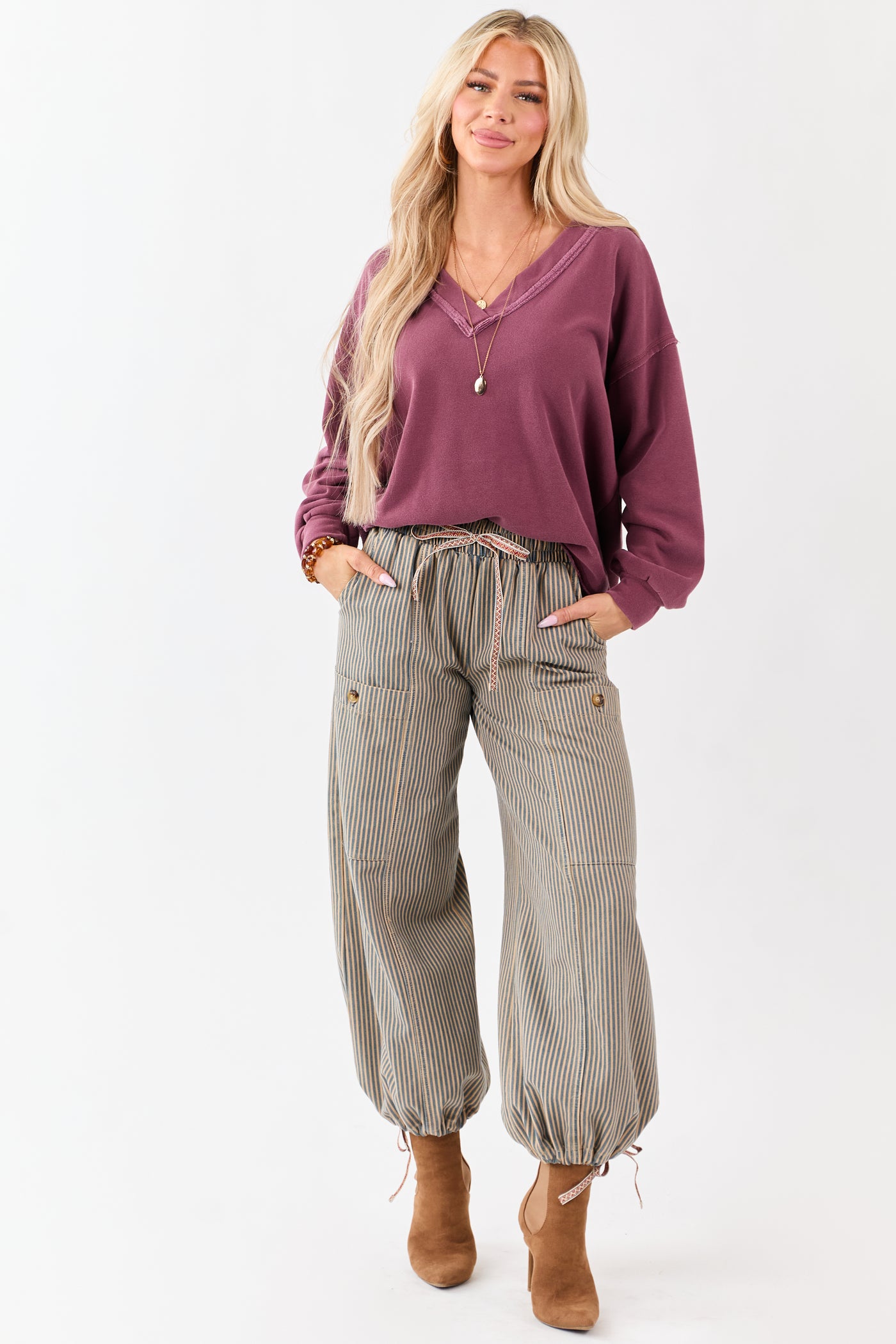 Boysenberry V-Neck Reverse Stitch Relaxed Sweatshirt