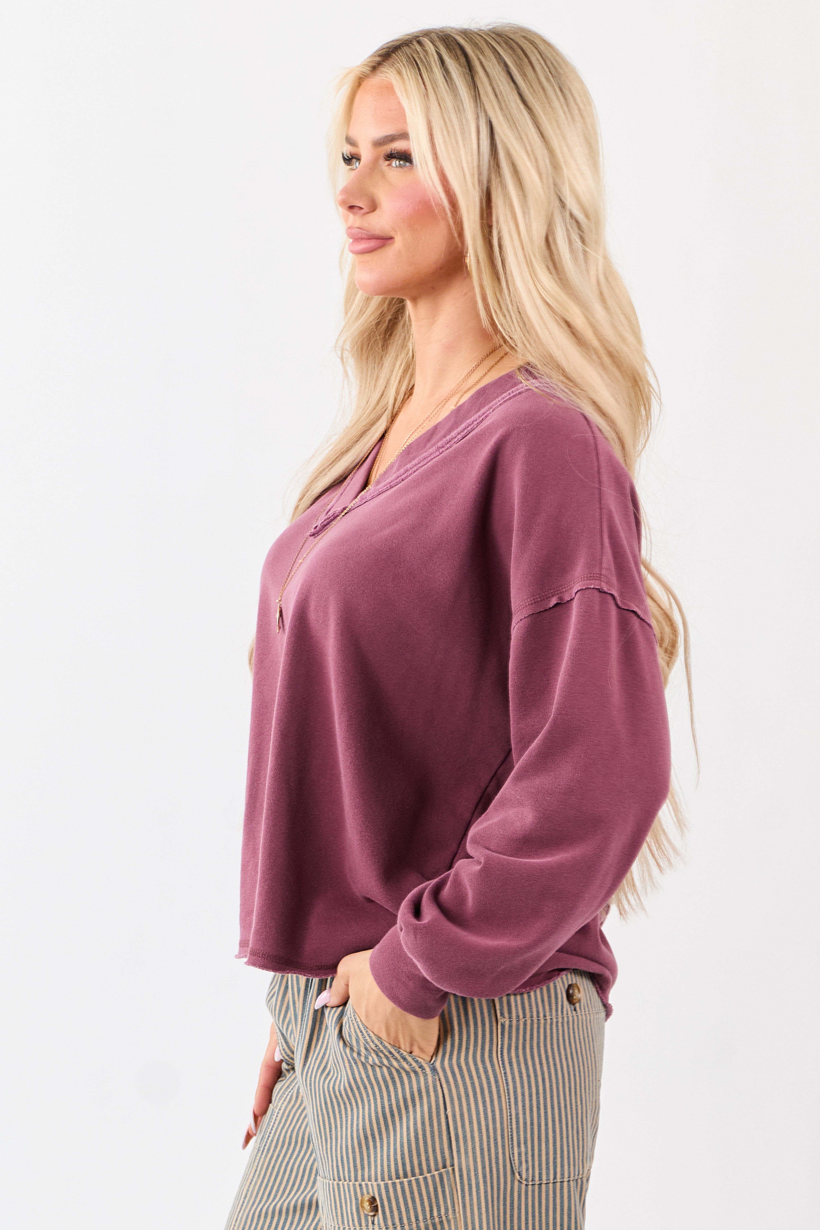 Boysenberry V-Neck Reverse Stitch Relaxed Sweatshirt