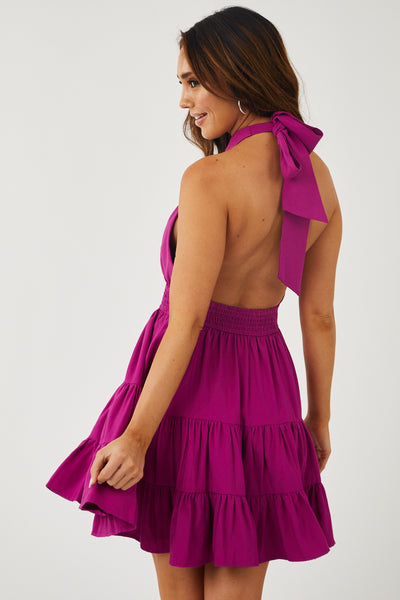 Boysenberry Wrapped Halter Neck Tiered Mini Dress