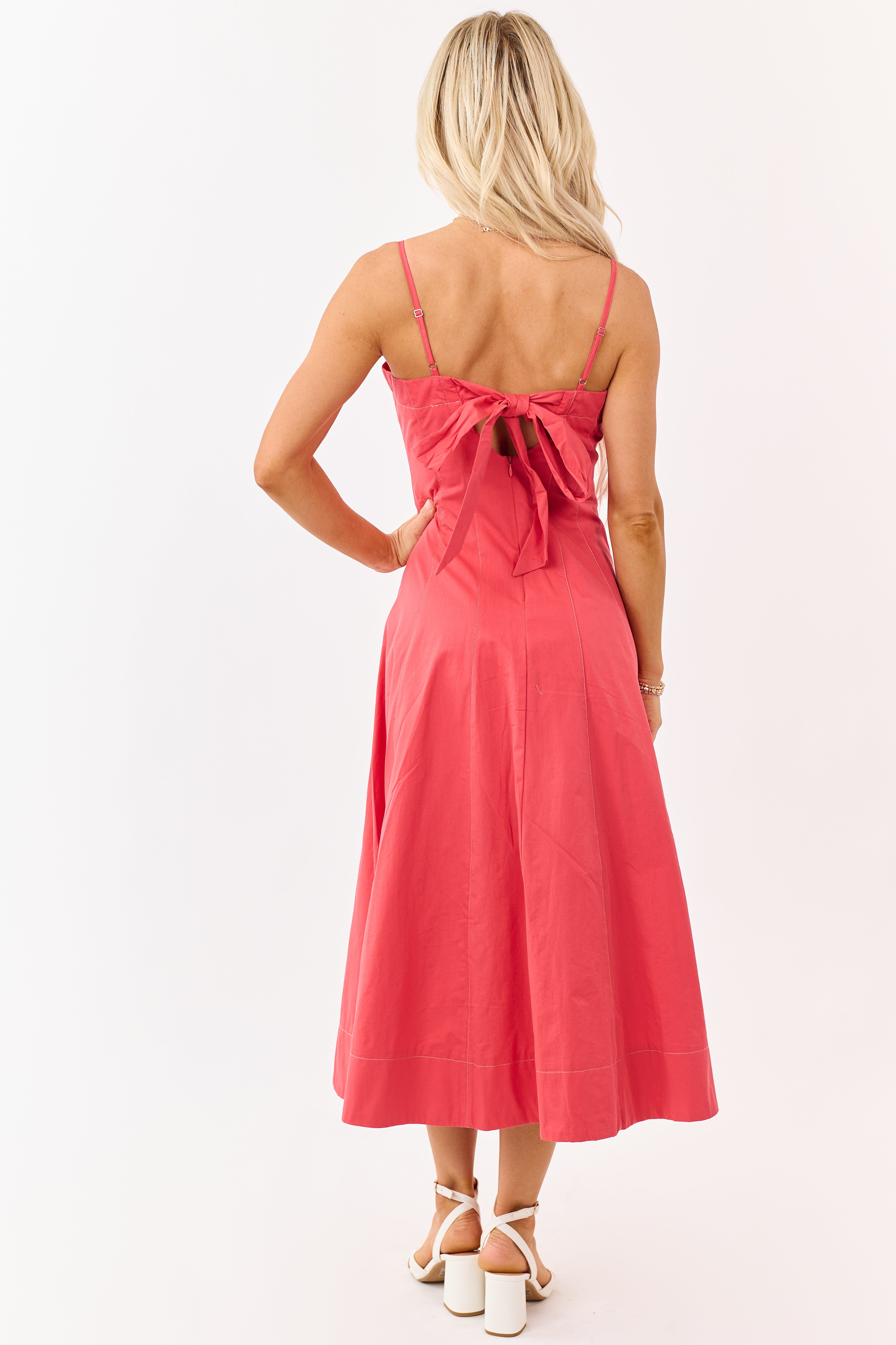 Red Cotton Contrast Stitch Sleeveless Midi Dress