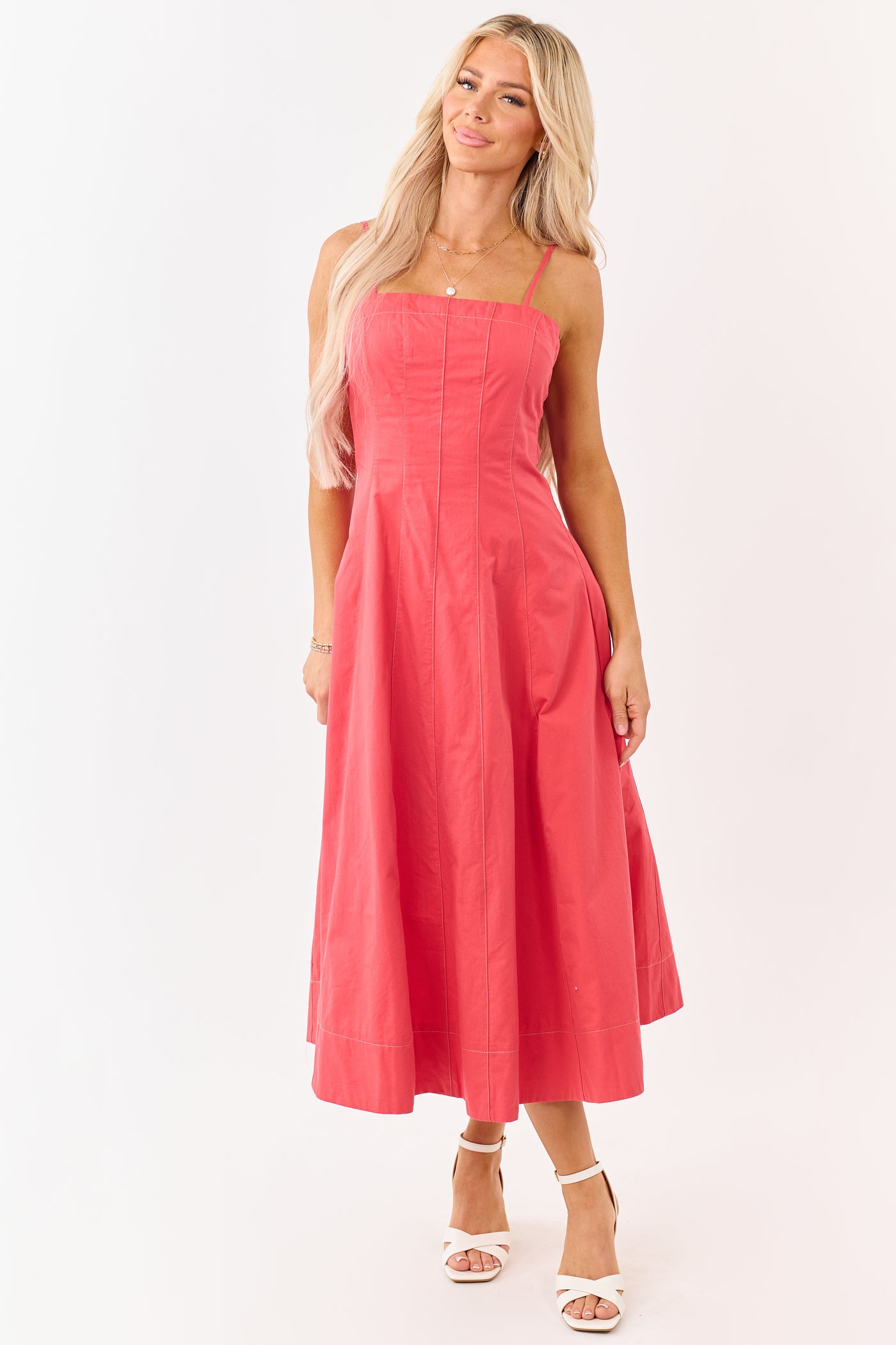 Red Cotton Contrast Stitch Sleeveless Midi Dress
