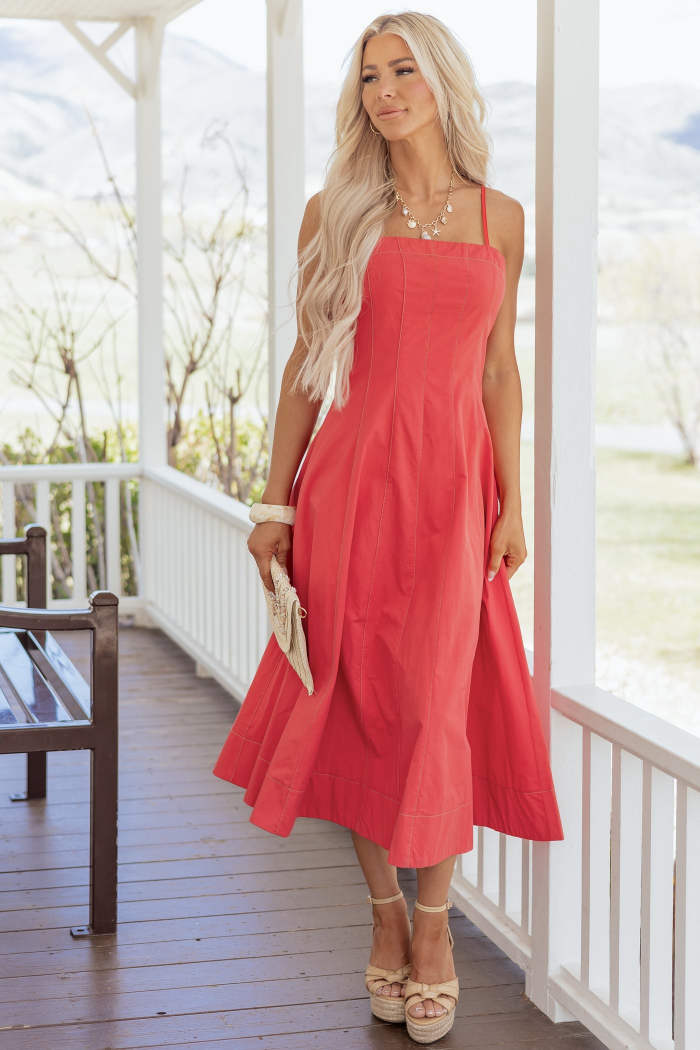 Red Cotton Contrast Stitch Sleeveless Midi Dress