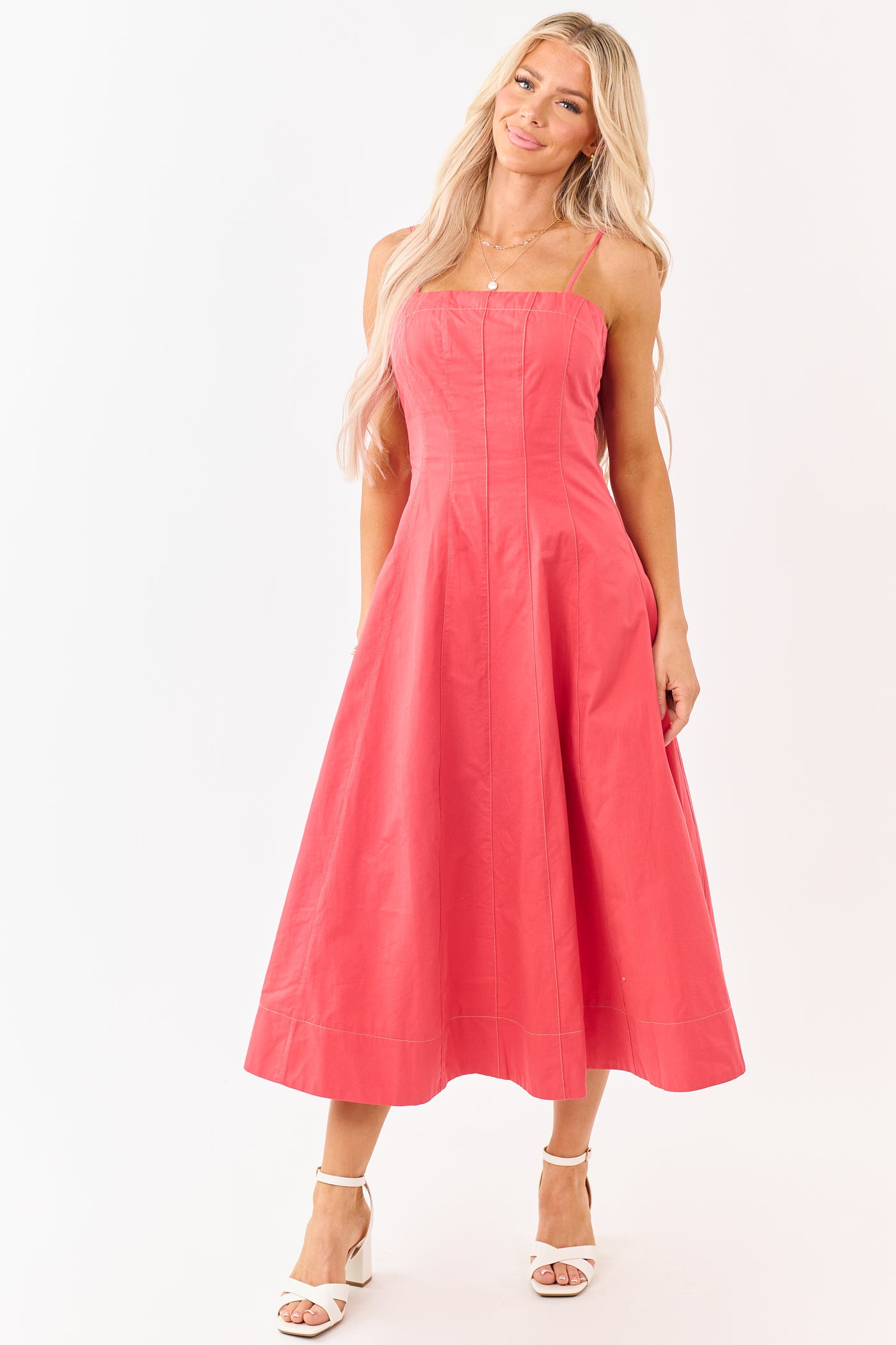 Red Cotton Contrast Stitch Sleeveless Midi Dress