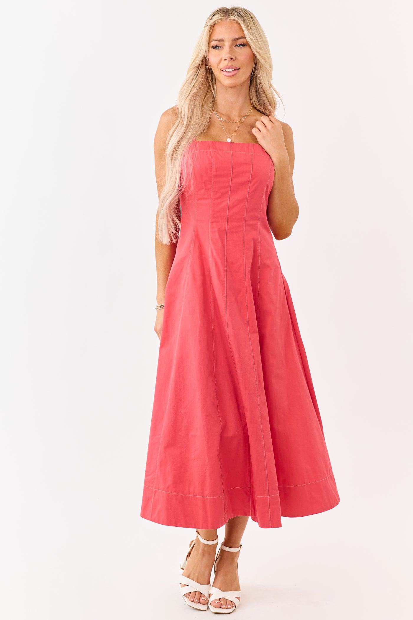 Red Cotton Contrast Stitch Sleeveless Midi Dress