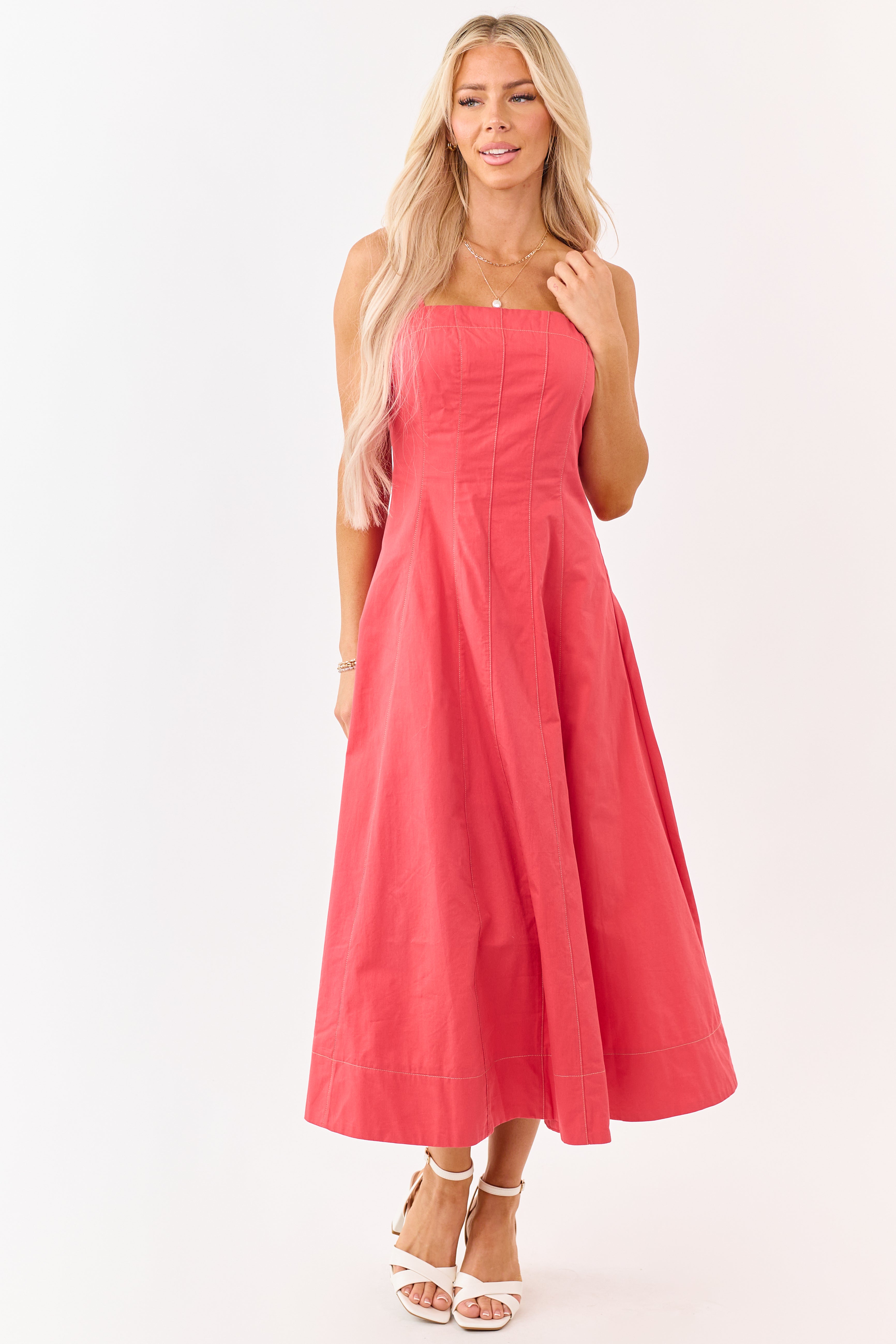 Red Cotton Contrast Stitch Sleeveless Midi Dress