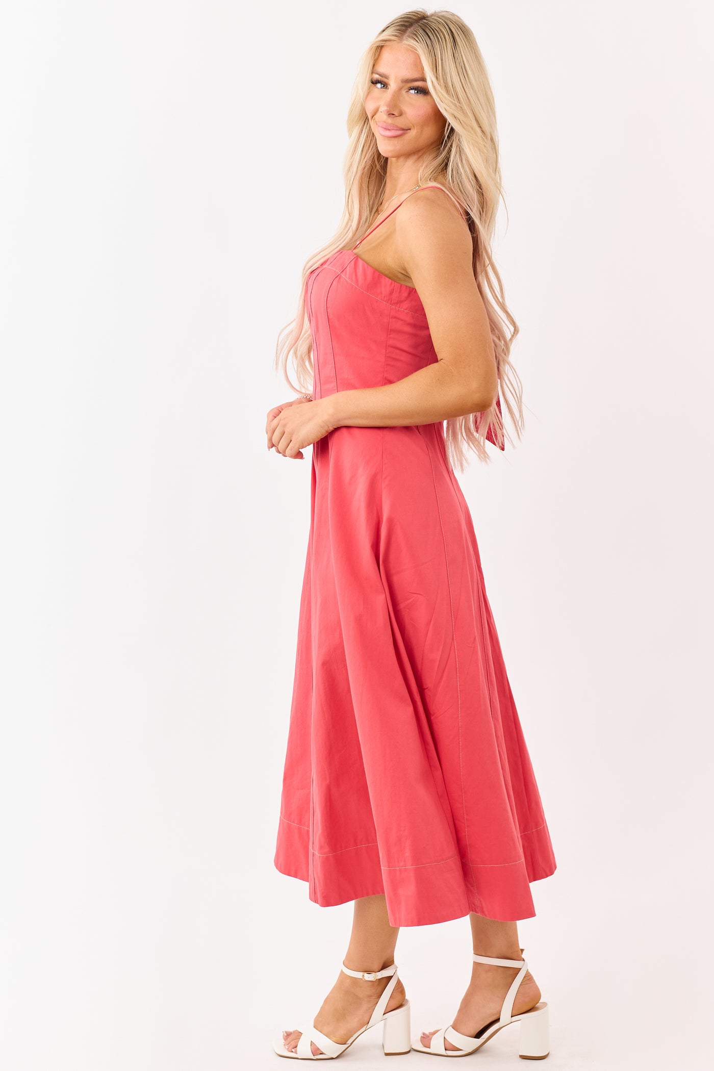 Red Cotton Contrast Stitch Sleeveless Midi Dress