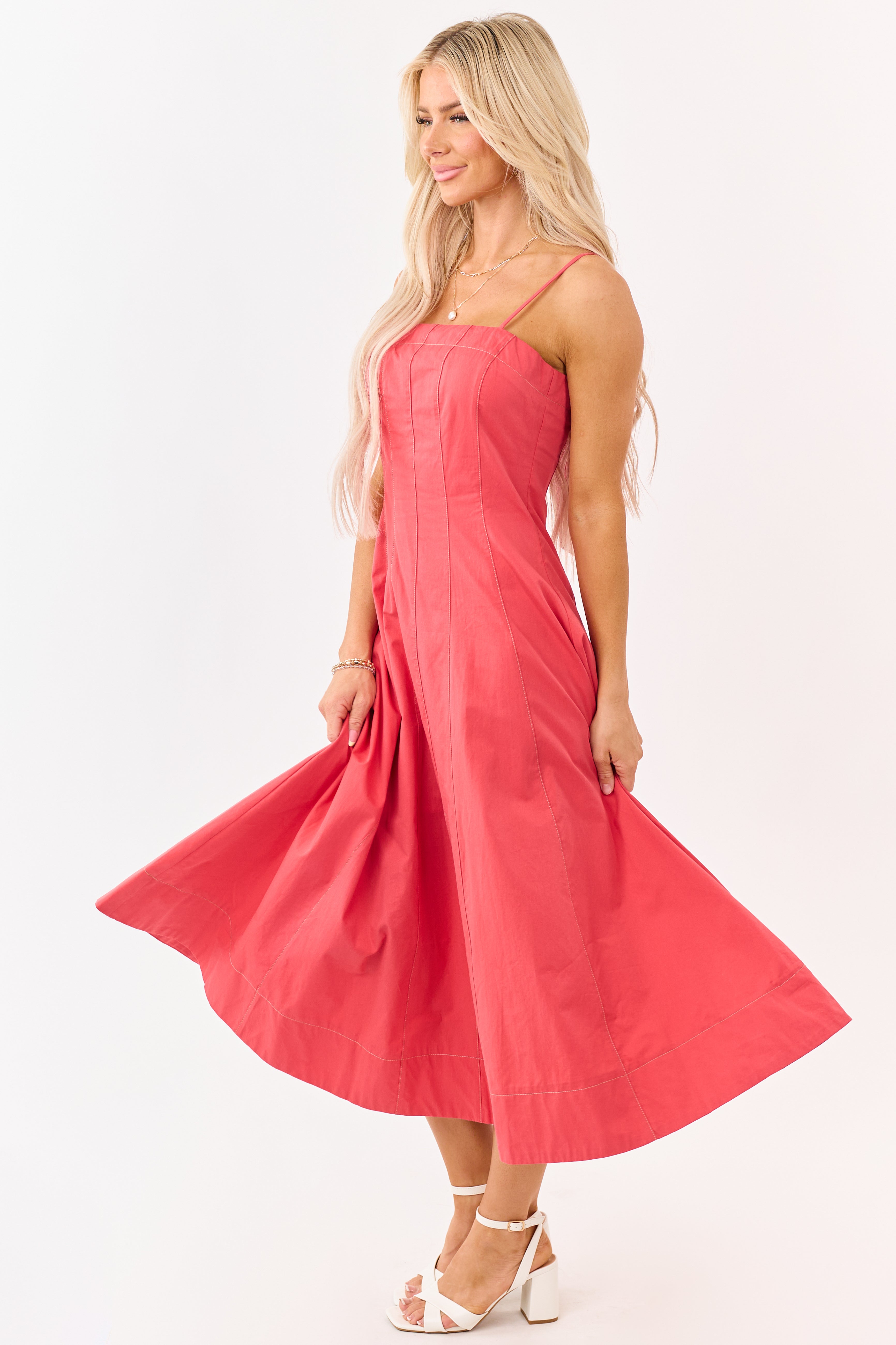 Red Cotton Contrast Stitch Sleeveless Midi Dress