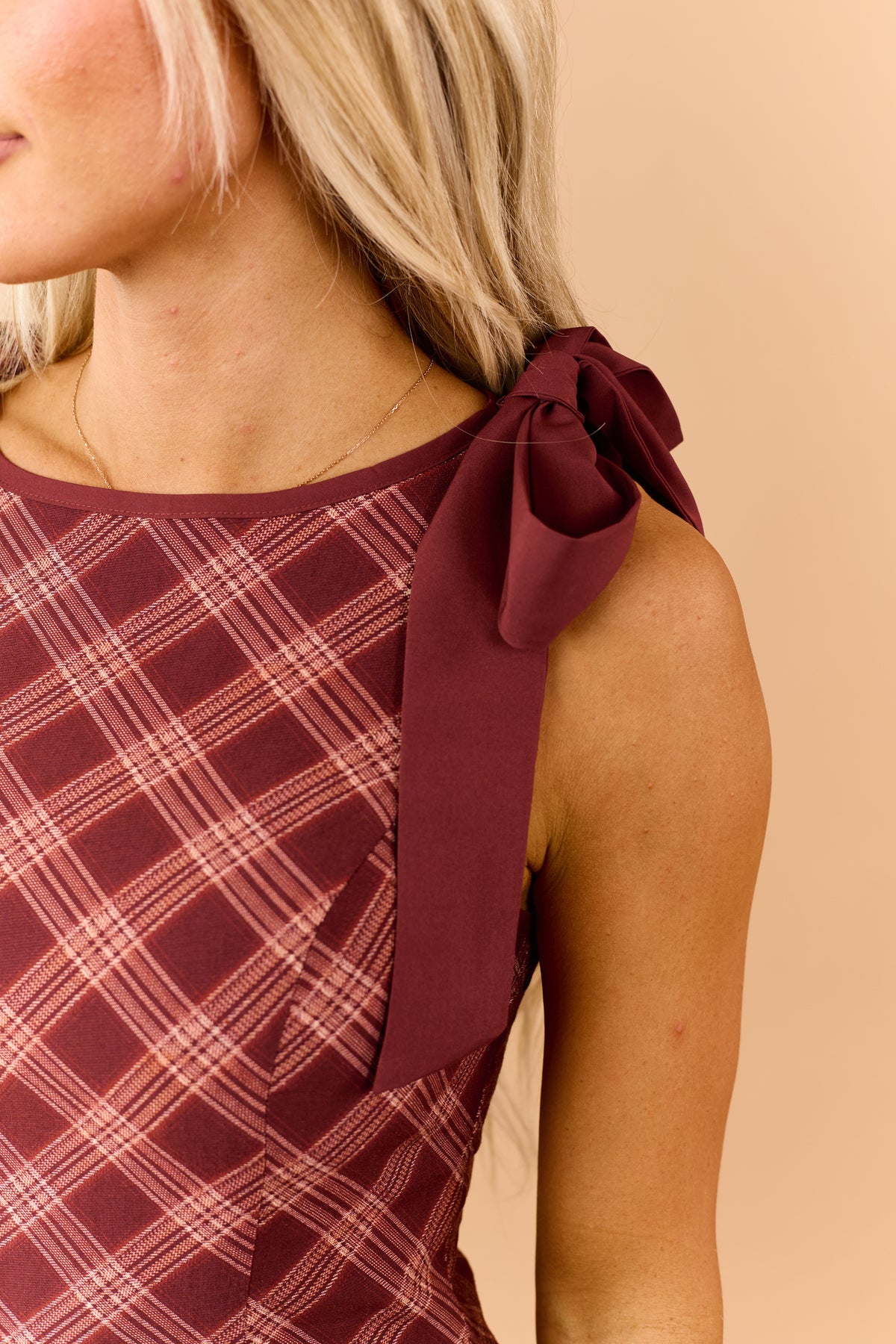 Brick Red Plaid Sleeveless Bow Tie Strap Mini Dress