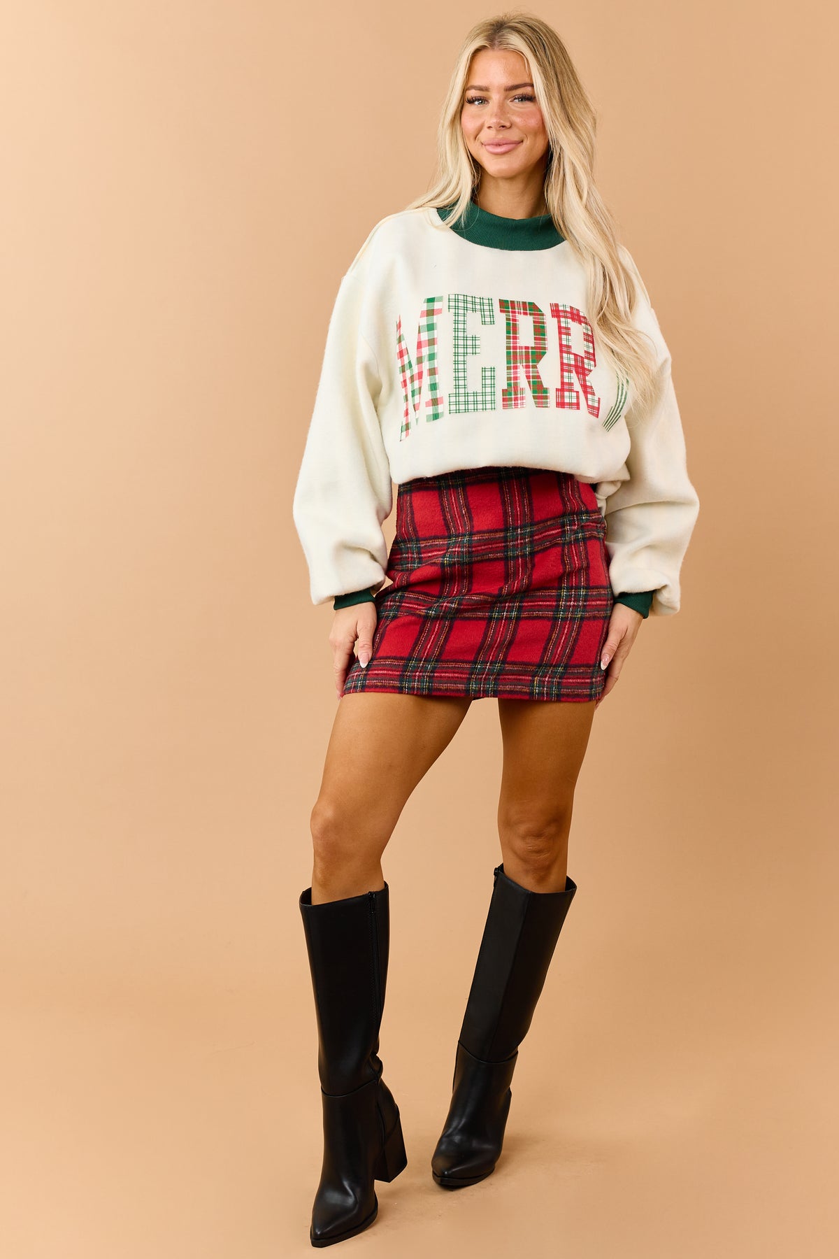 Brick Red Plaid Soft High Waist Mini Skirt